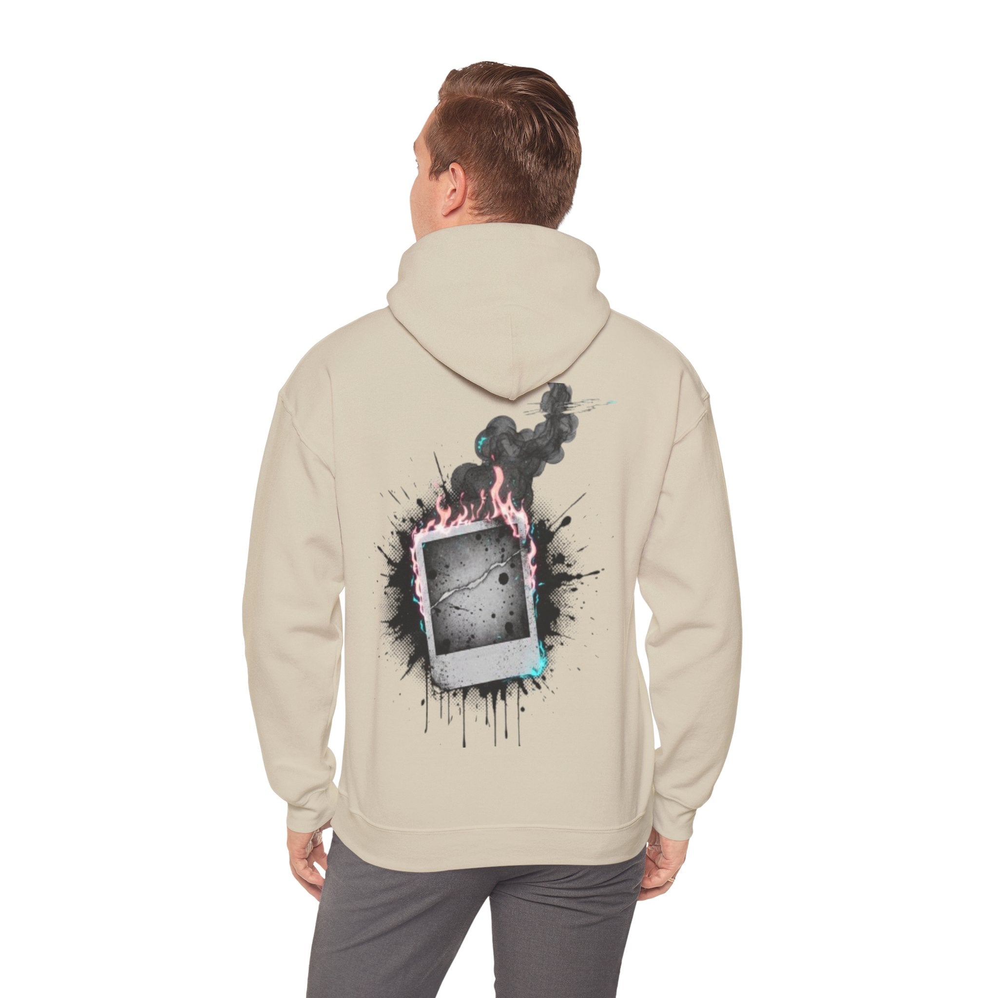 Burning Polaroid Hoodie — Retro Photo Flame Graphic Hooded Sweatshirt