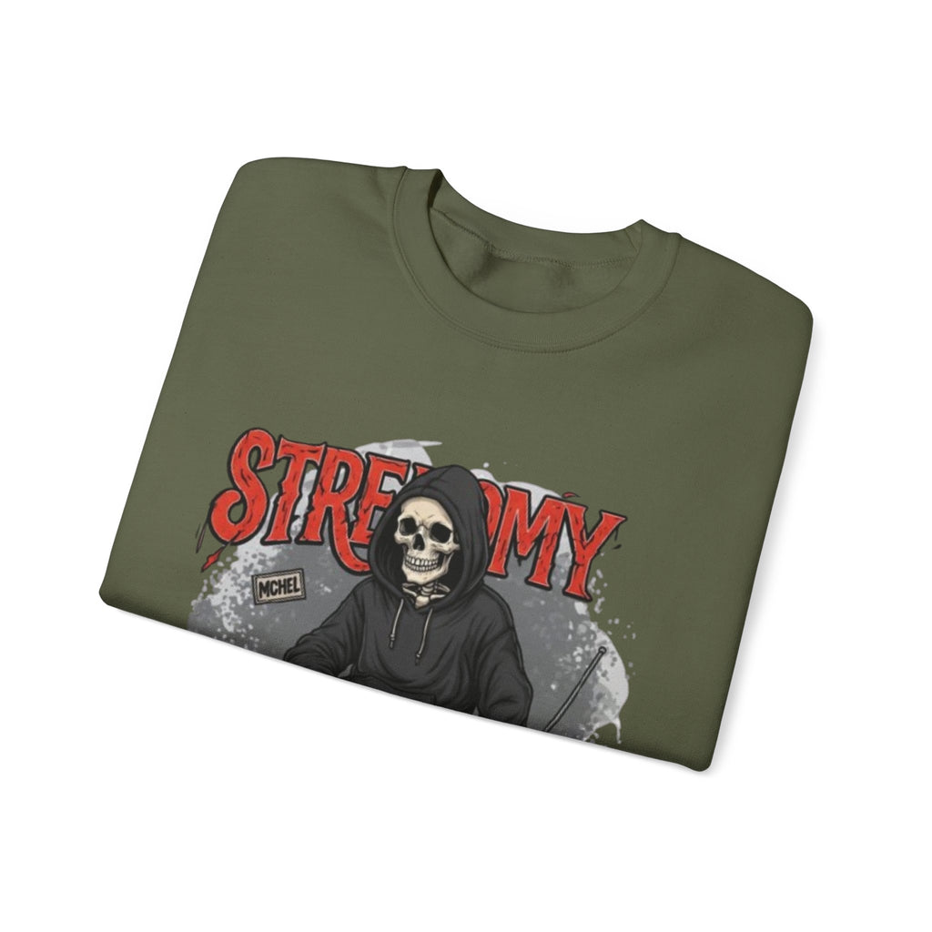 Streamy Grim Reaper Crewneck Sweatshirt — Streaming Gamer Skull Hoodie Design