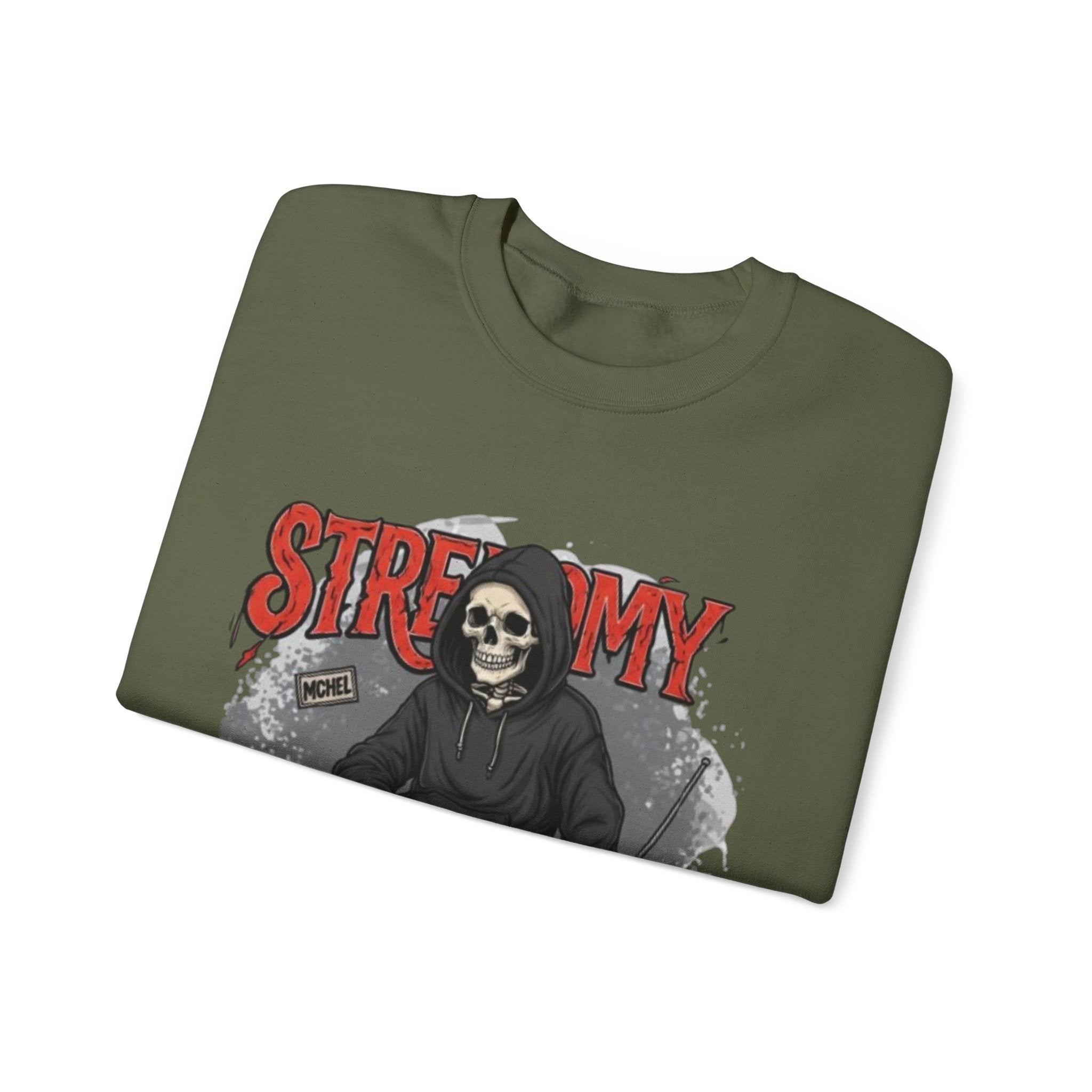 Streamy Grim Reaper Crewneck Sweatshirt — Streaming Gamer Skull Hoodie Design