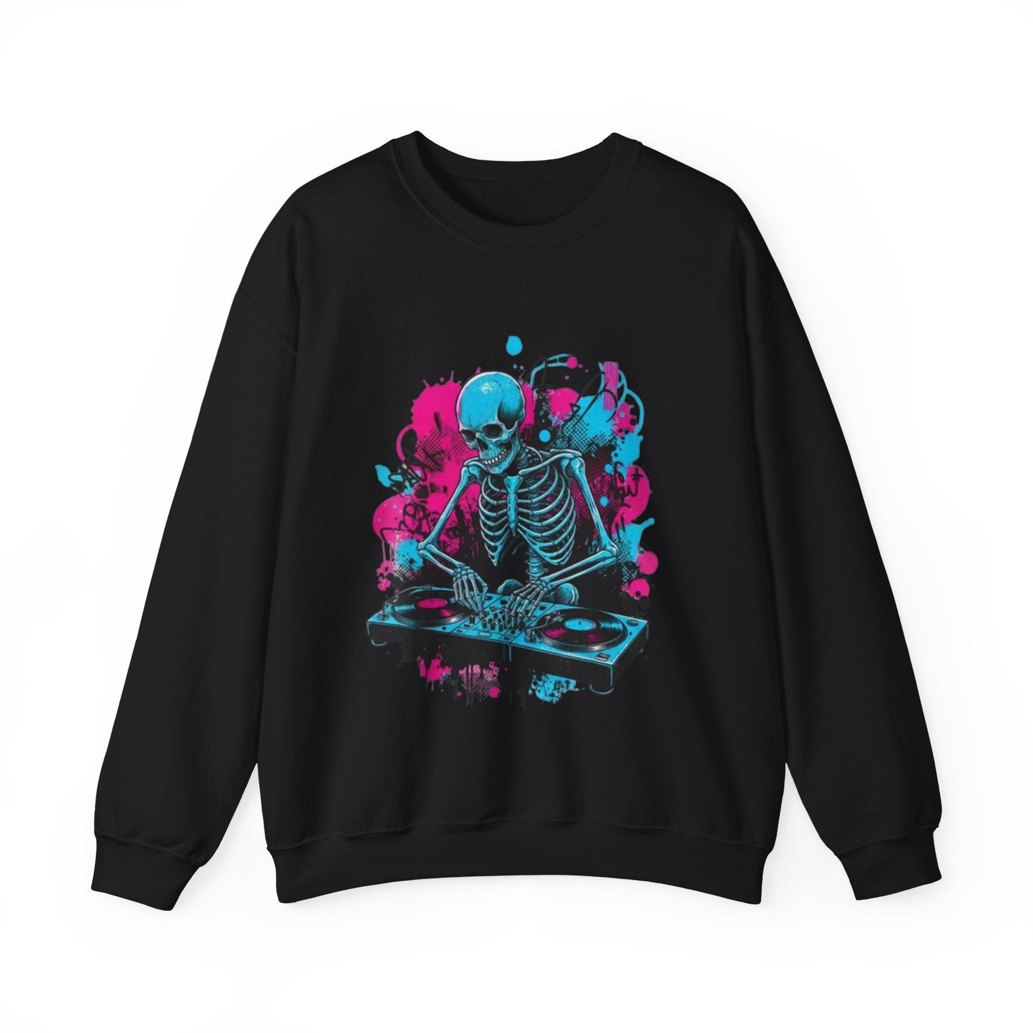 DJ Skeleton Crewneck Sweatshirt – Neon Skull DJ Graphic Pullover