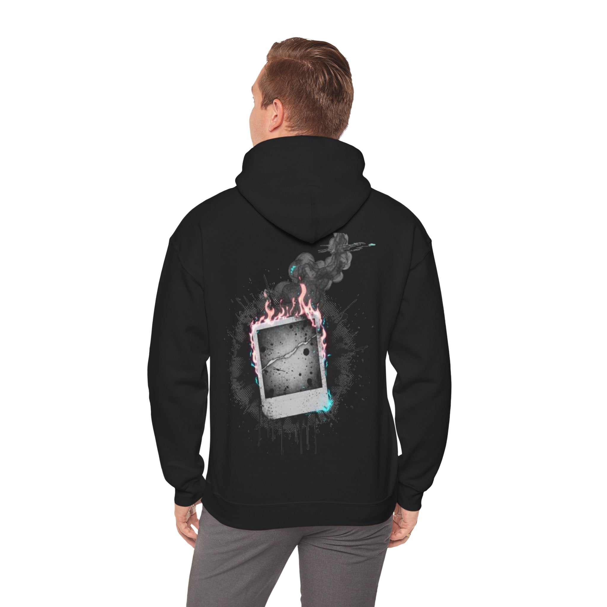 Burning Polaroid Hoodie — Retro Photo Flame Graphic Hooded Sweatshirt