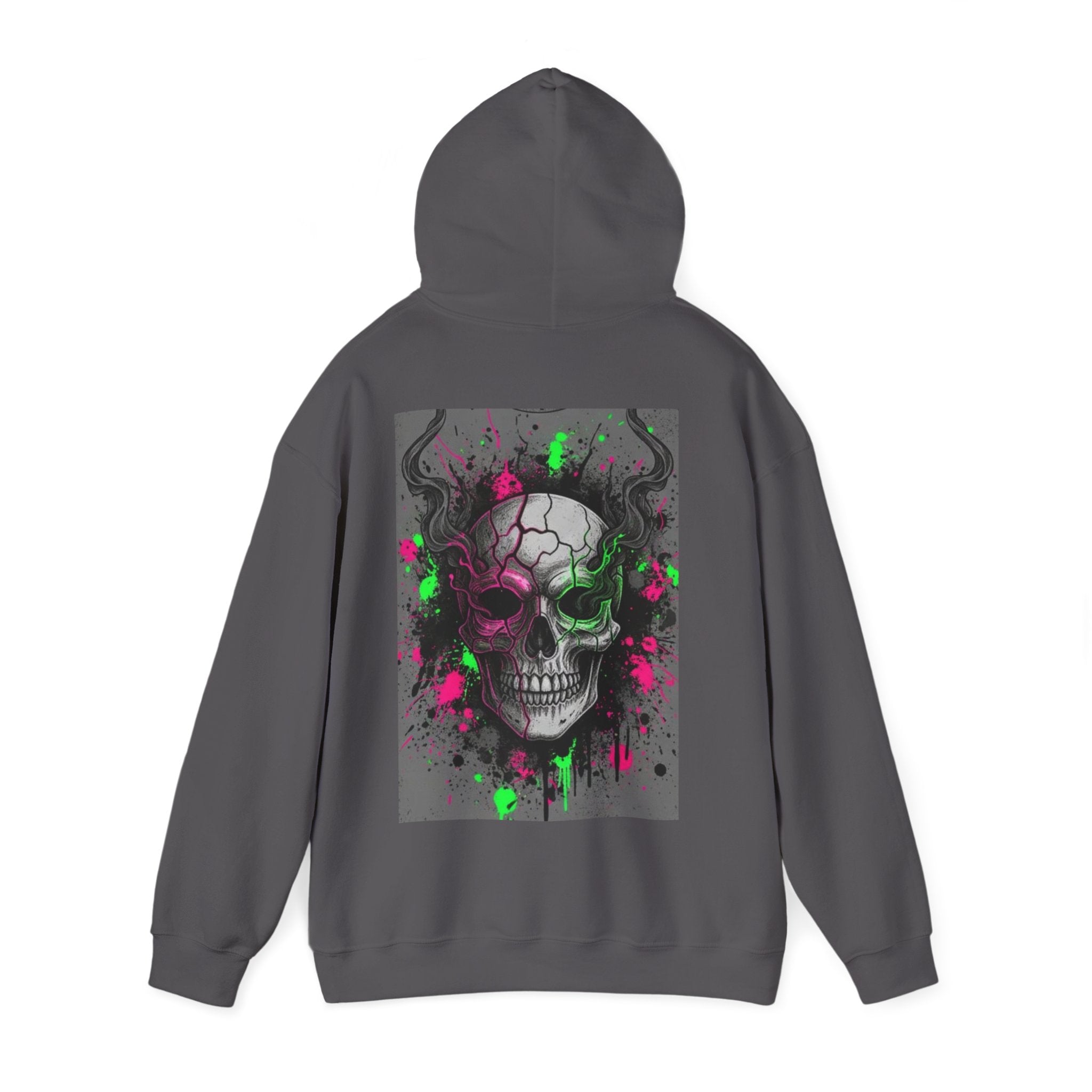 Skull Graffiti Hoodie — Neon Splatter Horror Skull Back Print