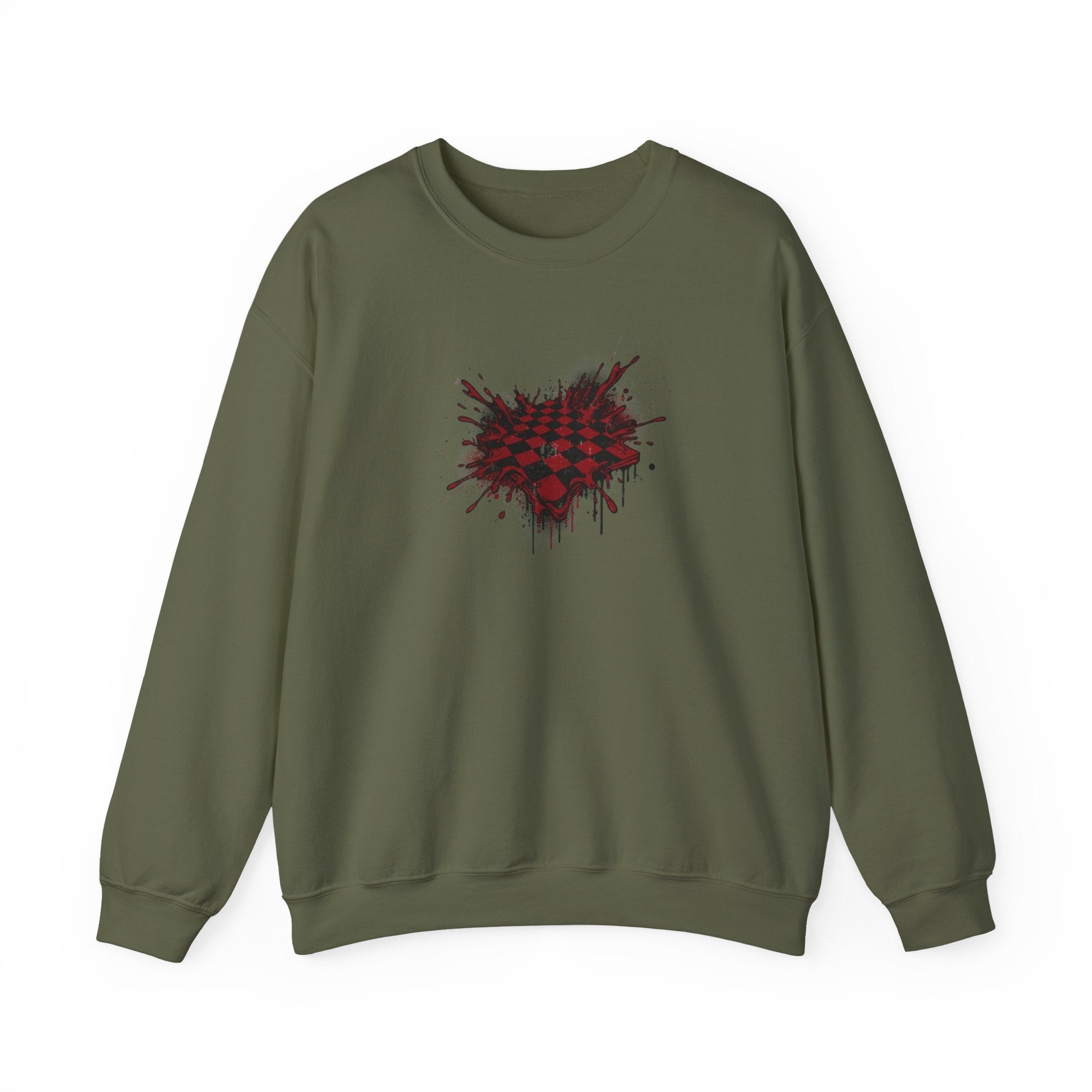 Checkerboard Heart Crewneck Sweatshirt — Red Grunge Heart Graphic