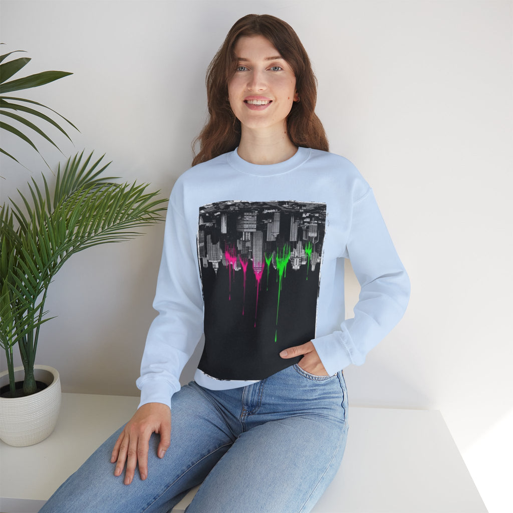 Cityscape Drip Crewneck Sweatshirt — Neon Skyline Paint Drip