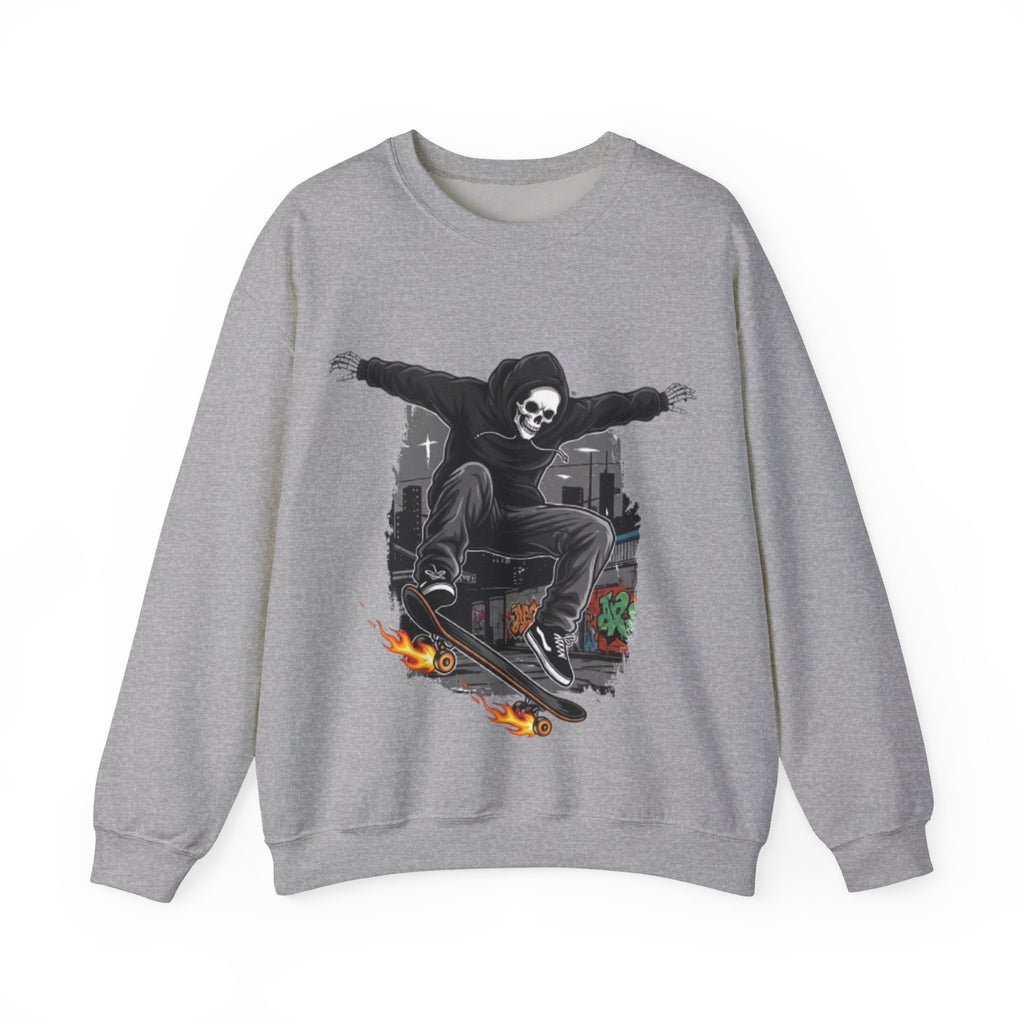 Skull Skateboarder Crewneck Sweatshirt — Flaming Skate Trick Graphic