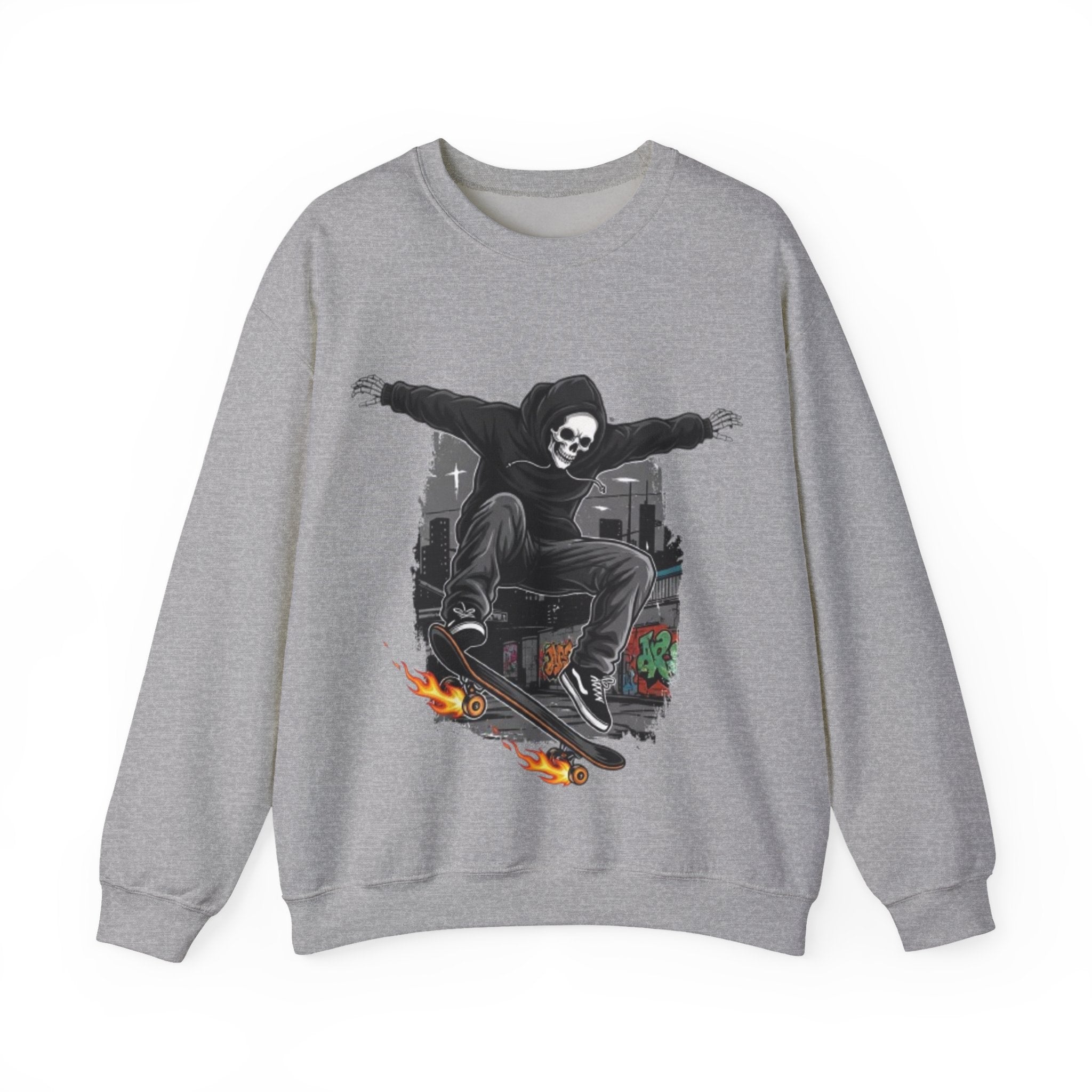 Skull Skateboarder Crewneck Sweatshirt — Flaming Skate Trick Graphic