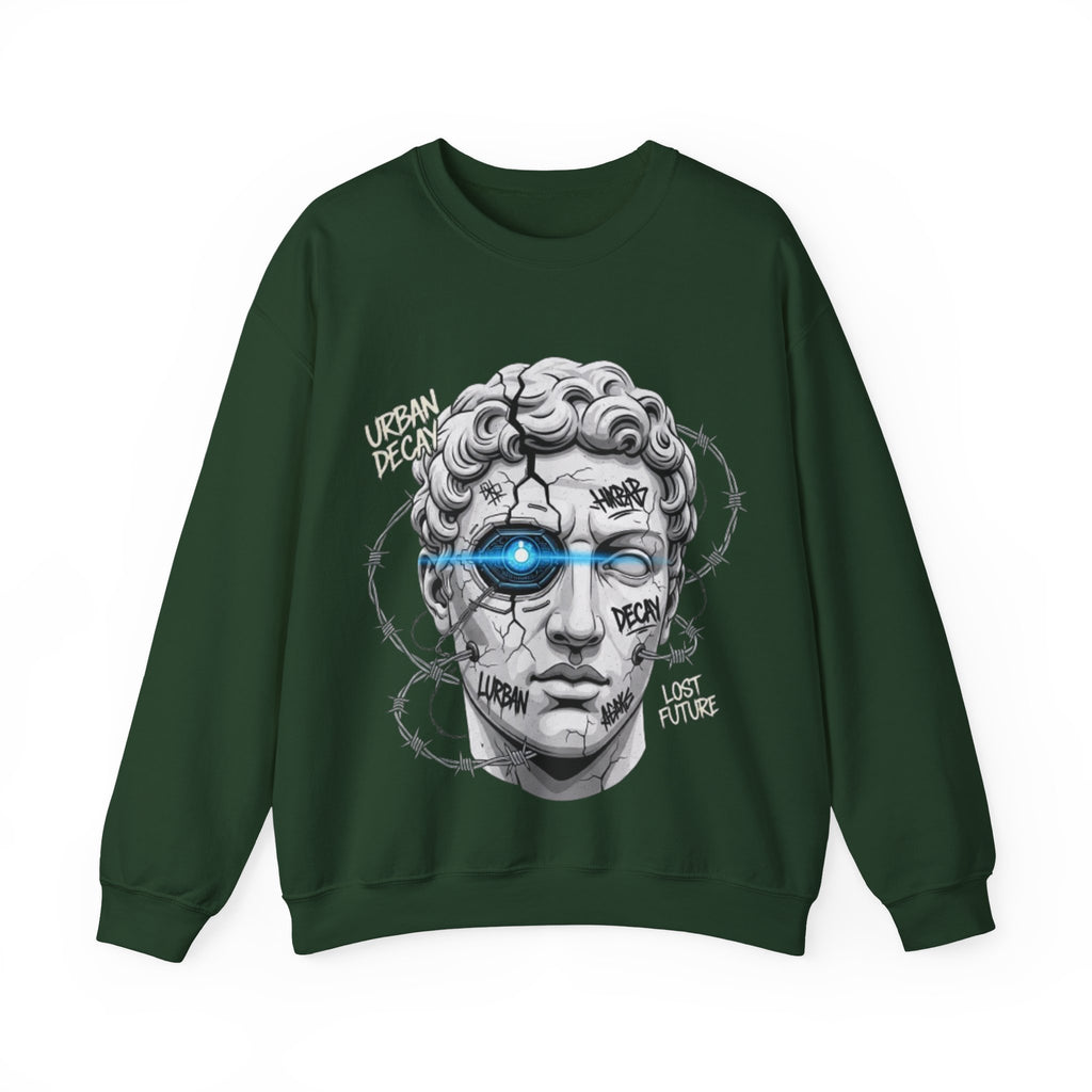 Cyber Statue Crewneck Sweatshirt — 'Urban Decay' Graffiti Bust with Blue Cyber Eye