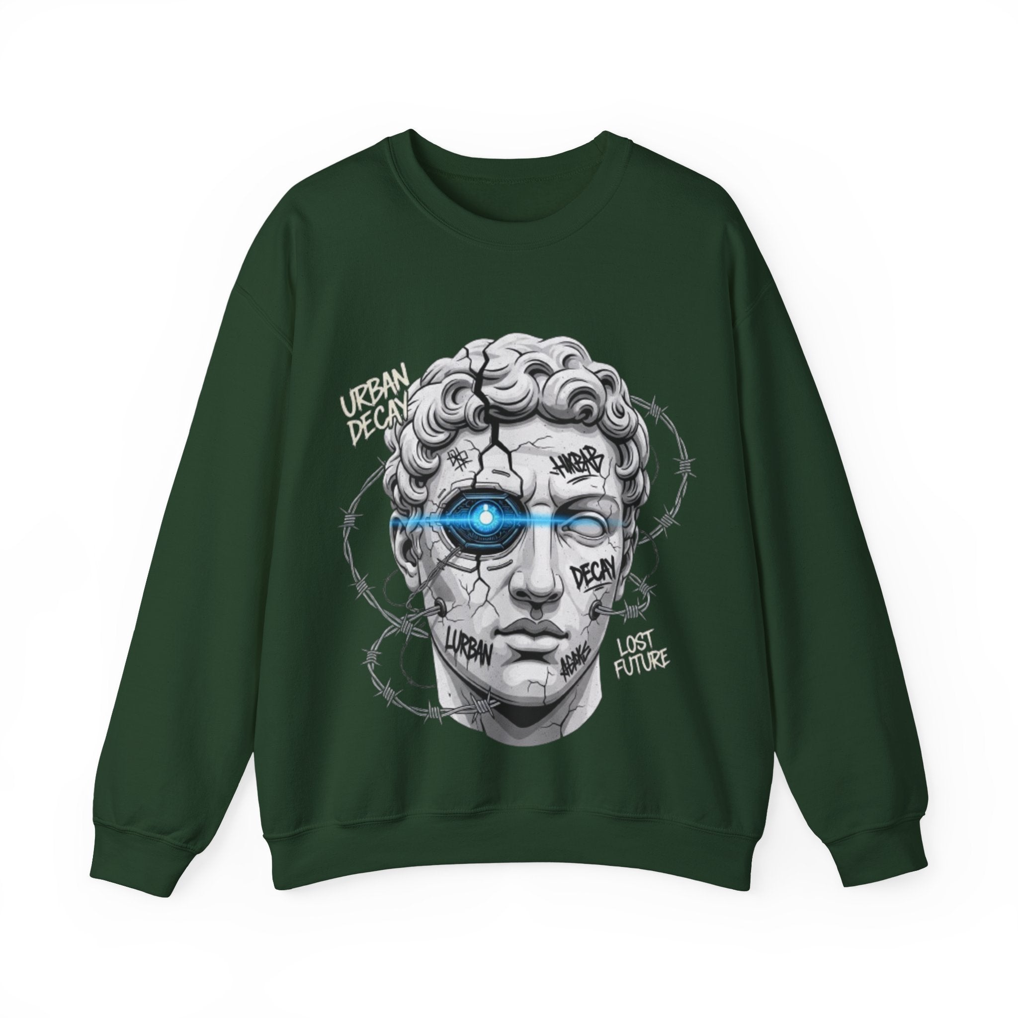Cyber Statue Crewneck Sweatshirt — 'Urban Decay' Graffiti Bust with Blue Cyber Eye