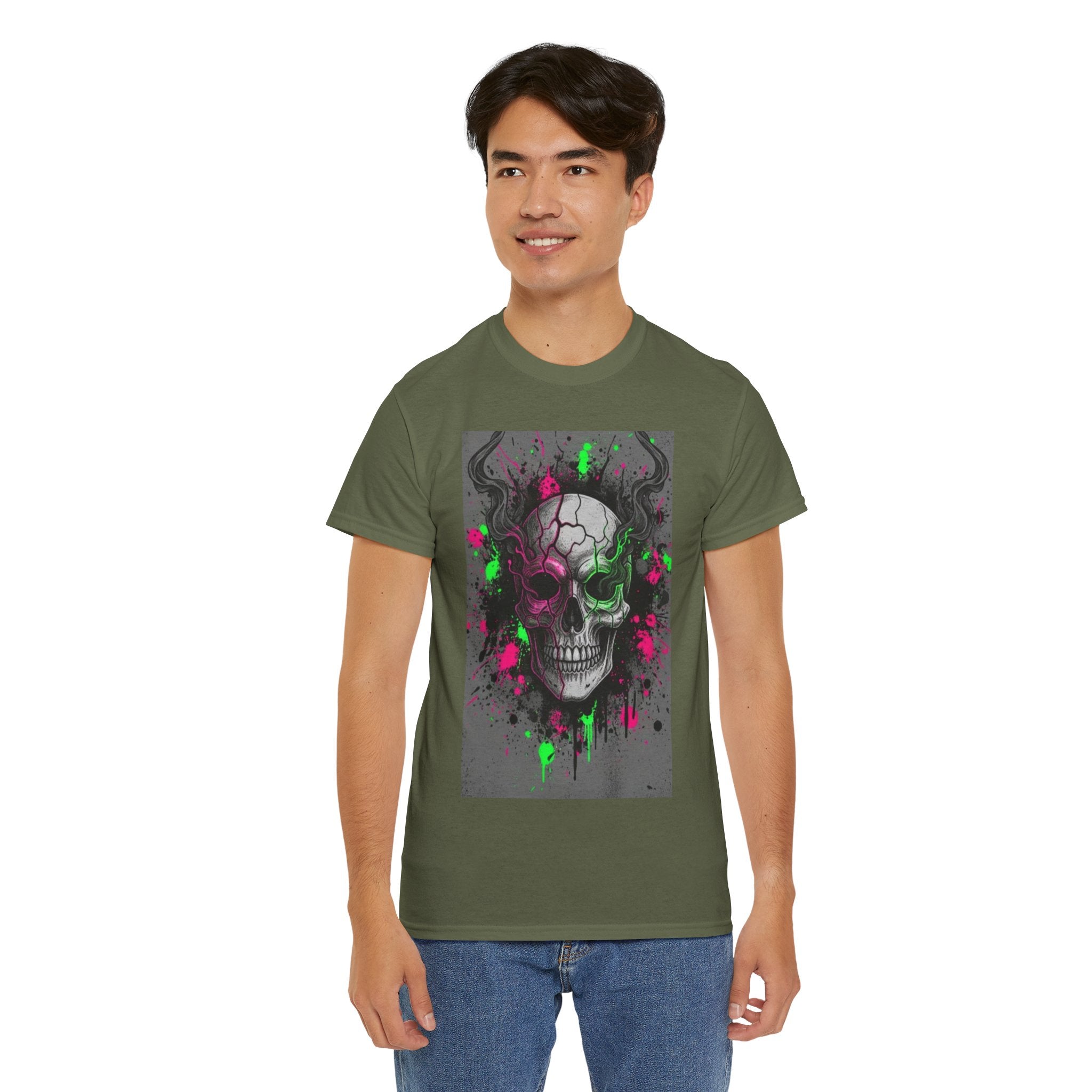 Skull Graffiti T‑Shirt — Neon Green & Pink Drip Skull Tee