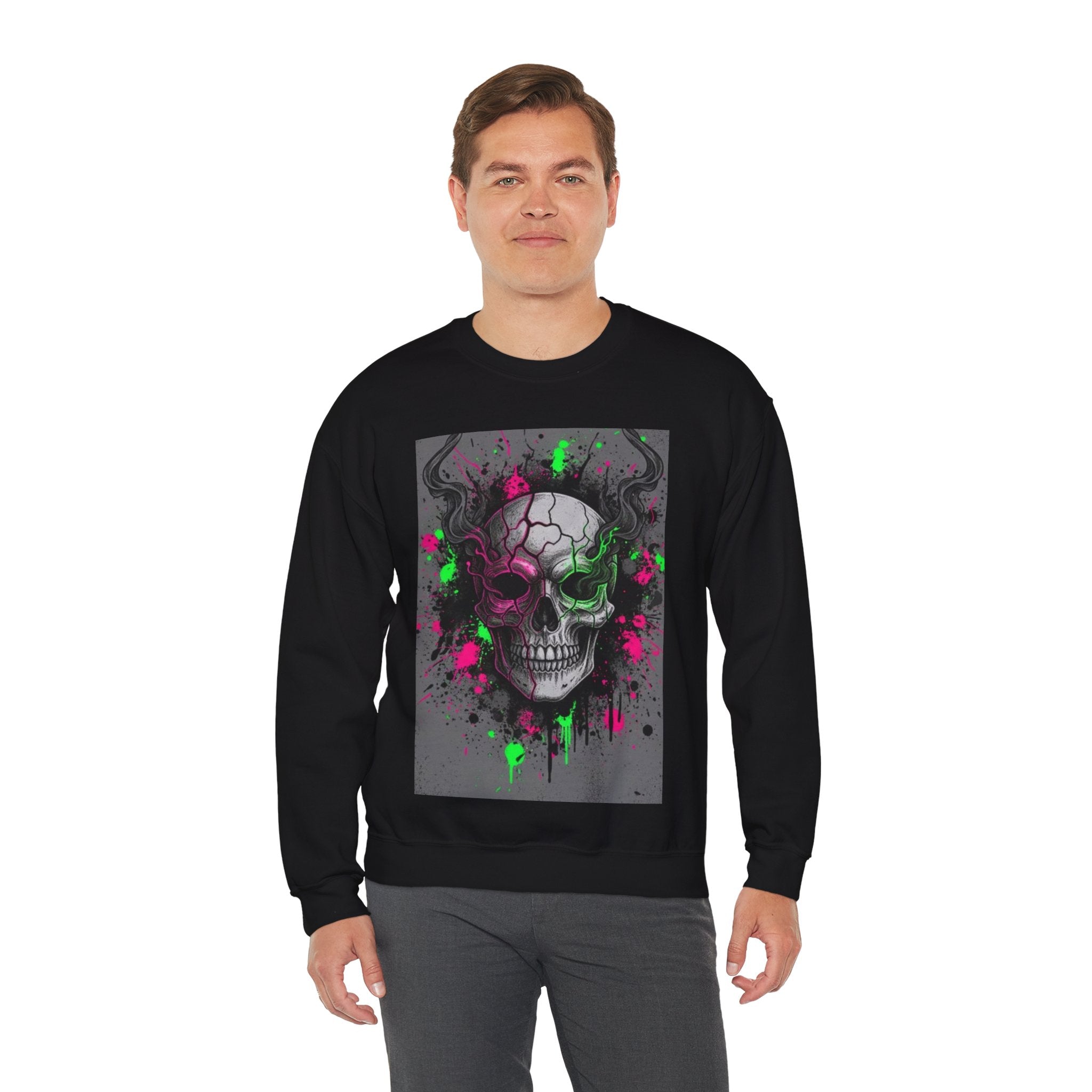 Skull Graffiti Crewneck Sweatshirt — Neon Paint Splatter Skull Graphic