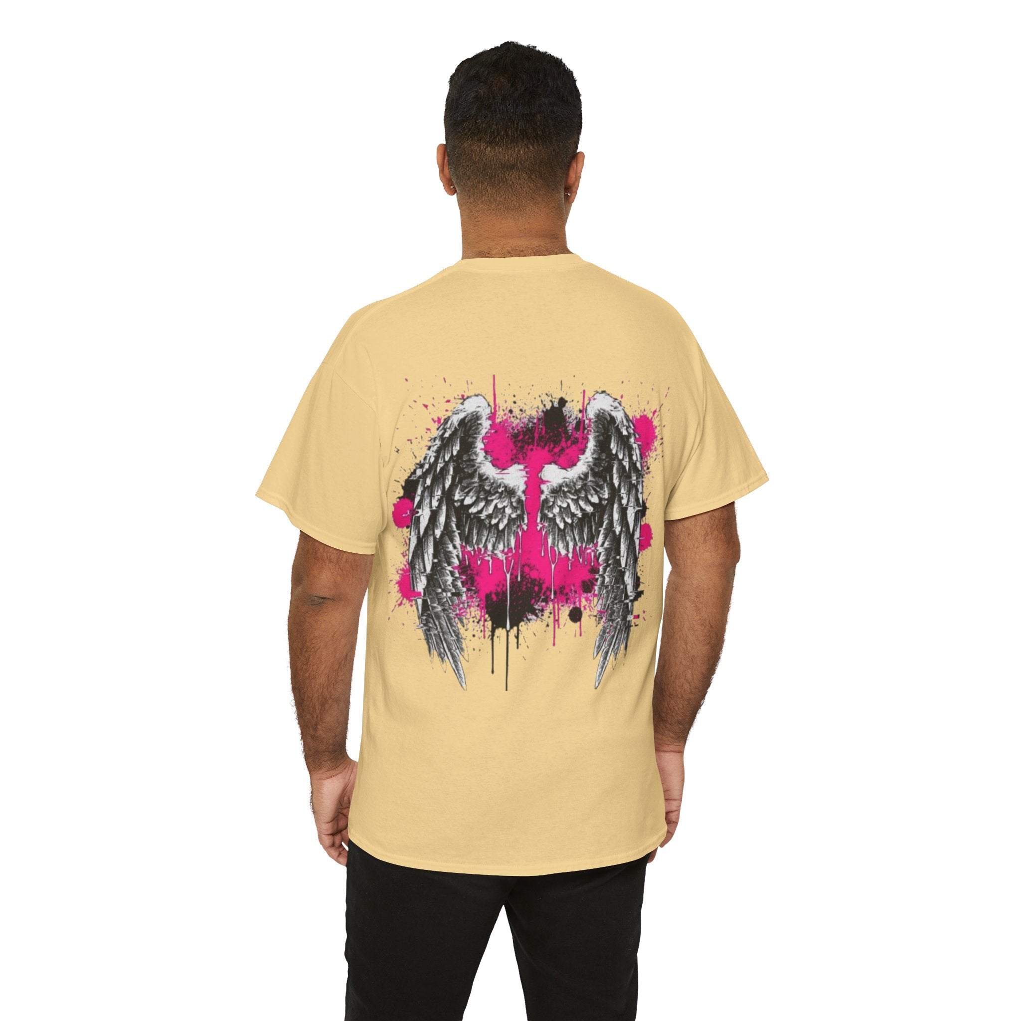 T-Shirt — Grunge Angel Wings with Pink Paint Splatter
