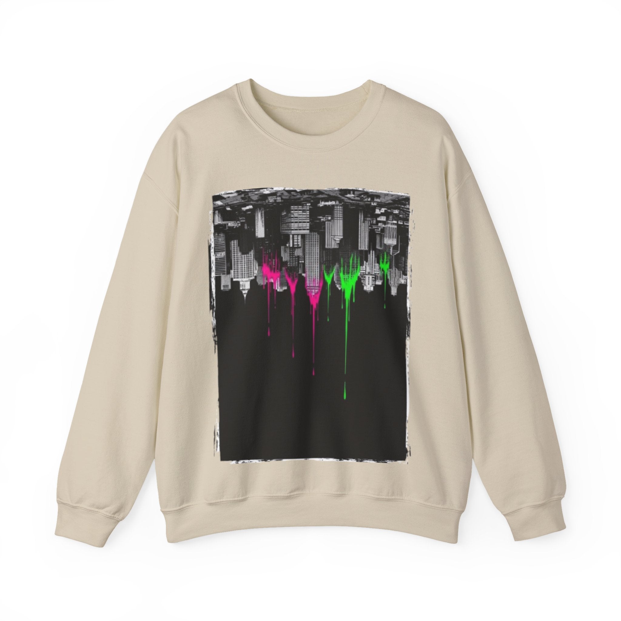 Cityscape Drip Crewneck Sweatshirt — Neon Skyline Paint Drip