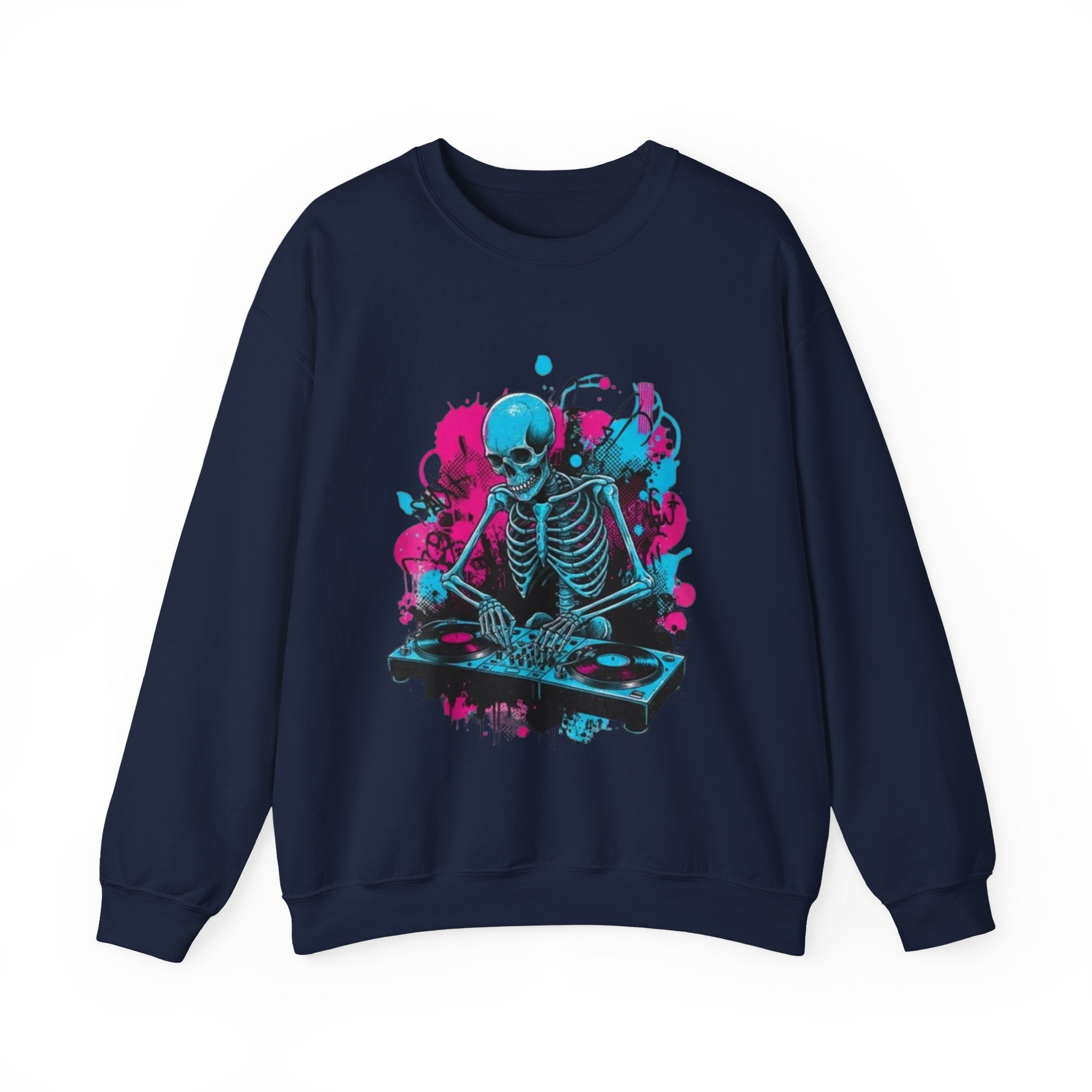 DJ Skeleton Crewneck Sweatshirt – Neon Skull DJ Graphic Pullover