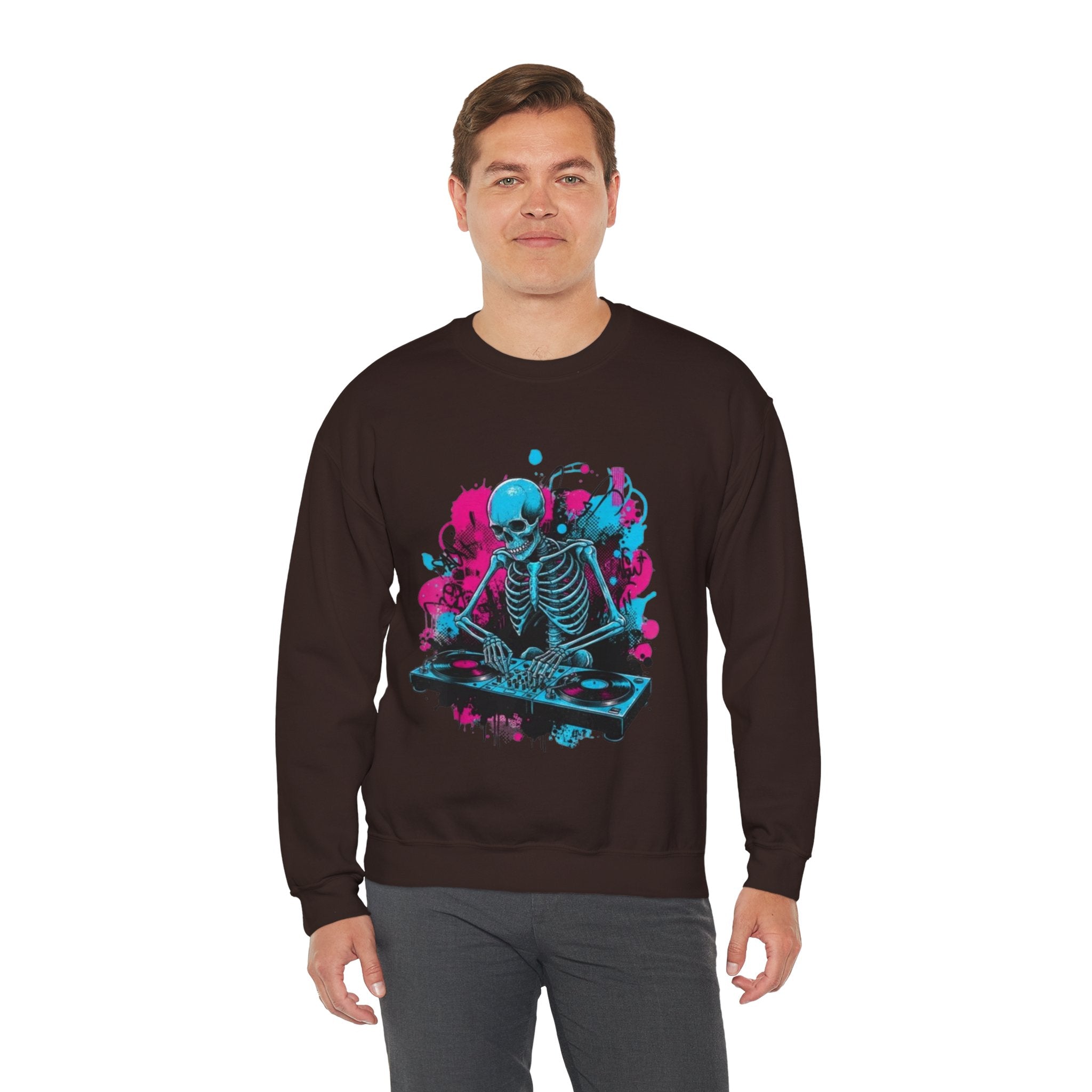 DJ Skeleton Crewneck Sweatshirt – Neon Skull DJ Graphic Pullover