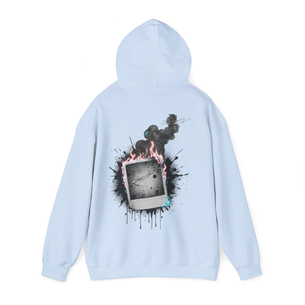 Burning Polaroid Hoodie — Retro Photo Flame Graphic Hooded Sweatshirt