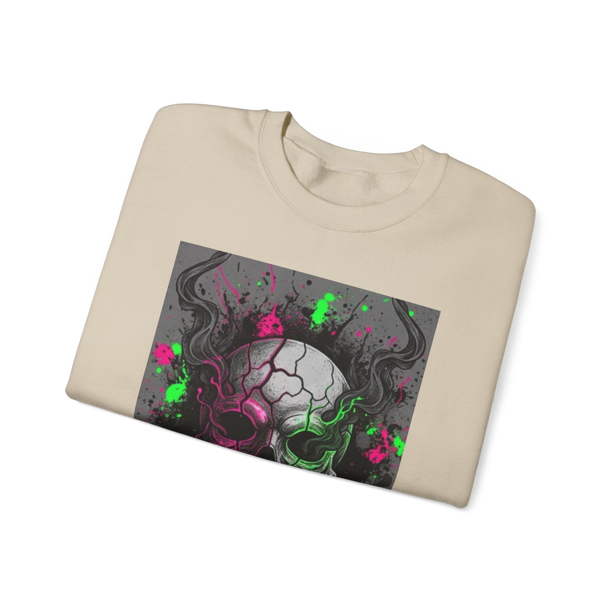 Skull Graffiti Crewneck Sweatshirt — Neon Paint Splatter Skull Graphic