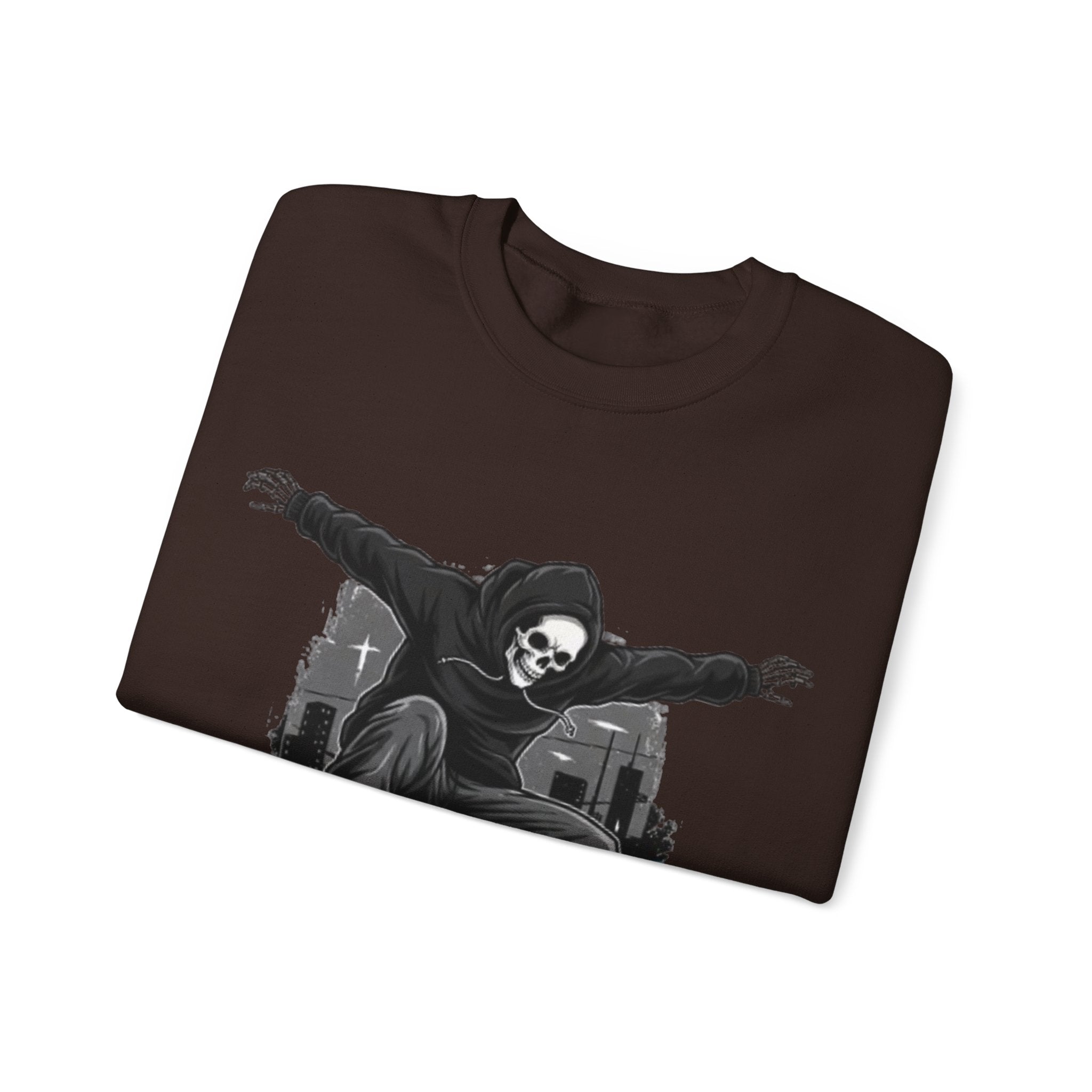 Skull Skateboarder Crewneck Sweatshirt — Flaming Skate Trick Graphic