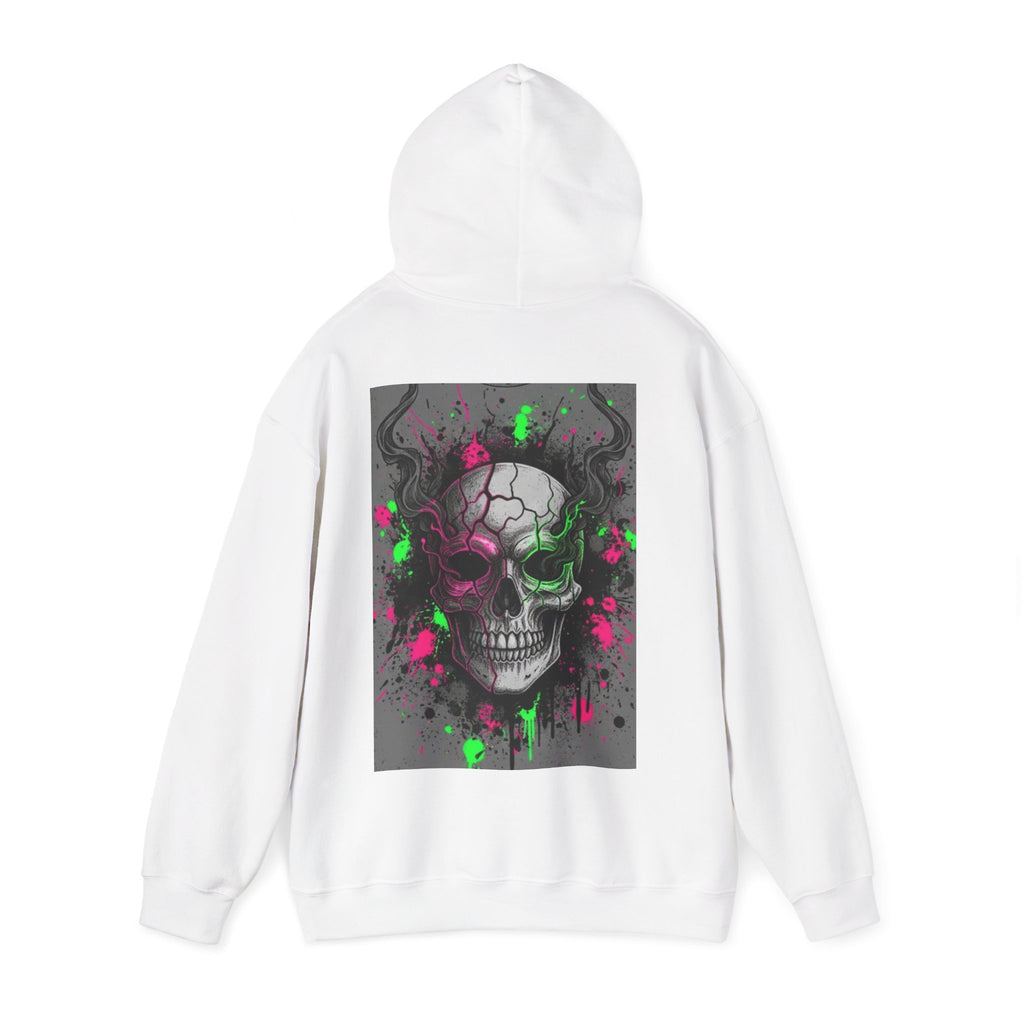 Skull Graffiti Hoodie — Neon Splatter Horror Skull Back Print