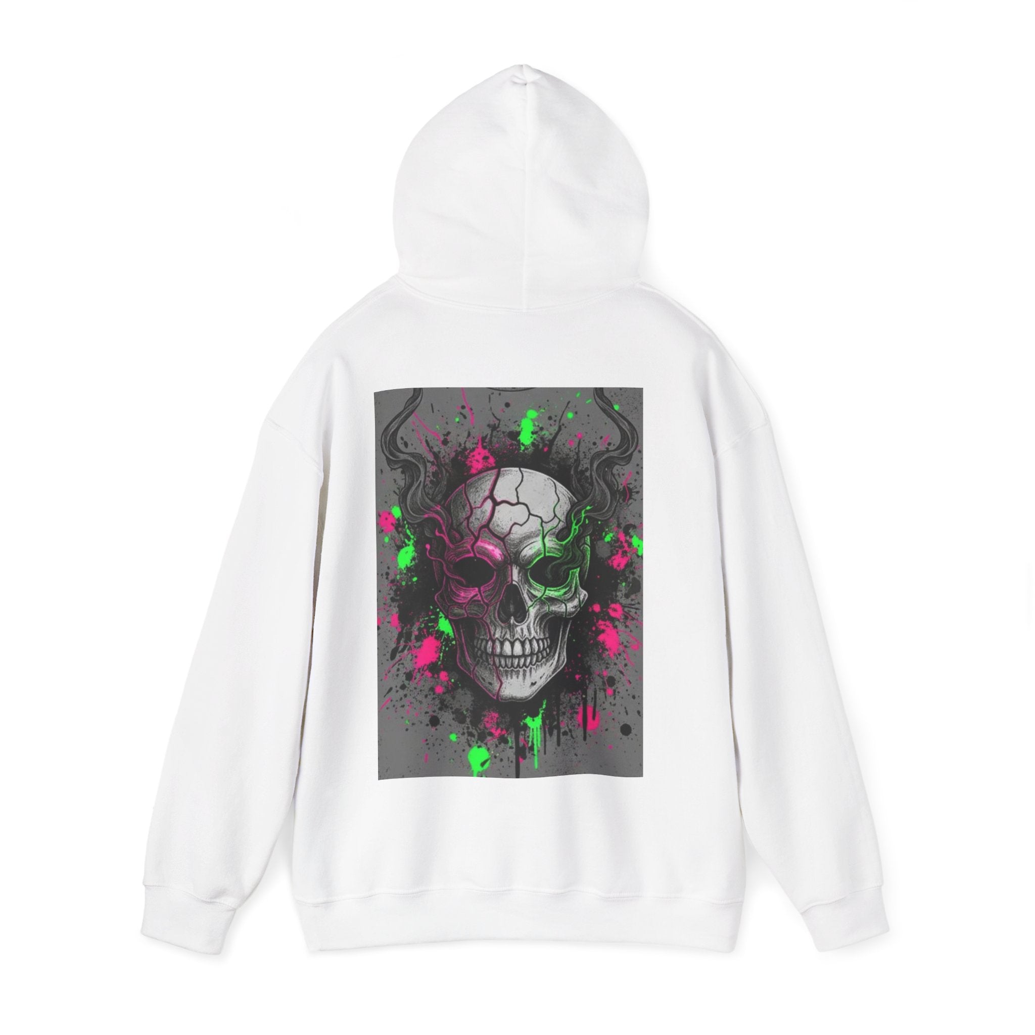 Skull Graffiti Hoodie — Neon Splatter Horror Skull Back Print
