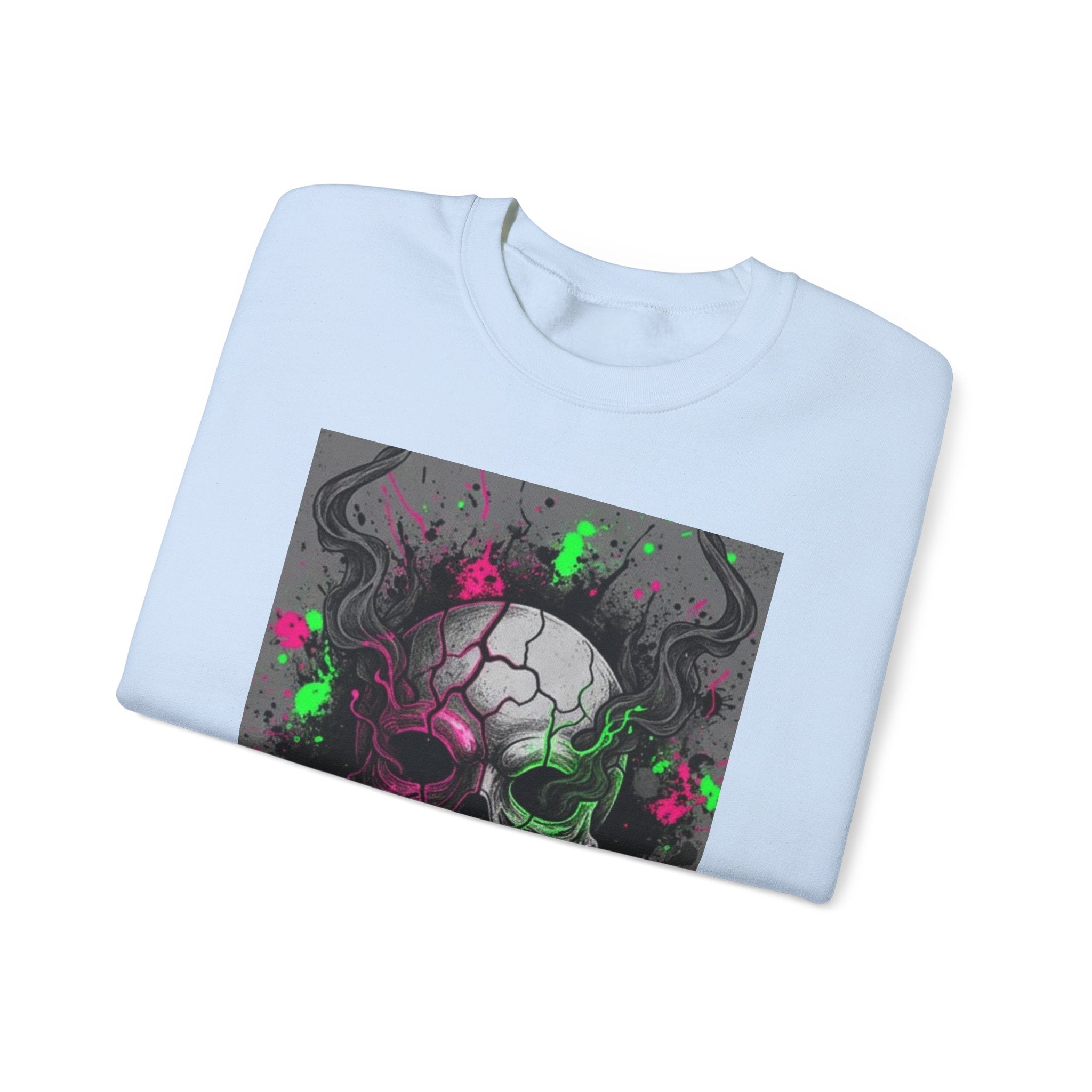 Skull Graffiti Crewneck Sweatshirt — Neon Paint Splatter Skull Graphic