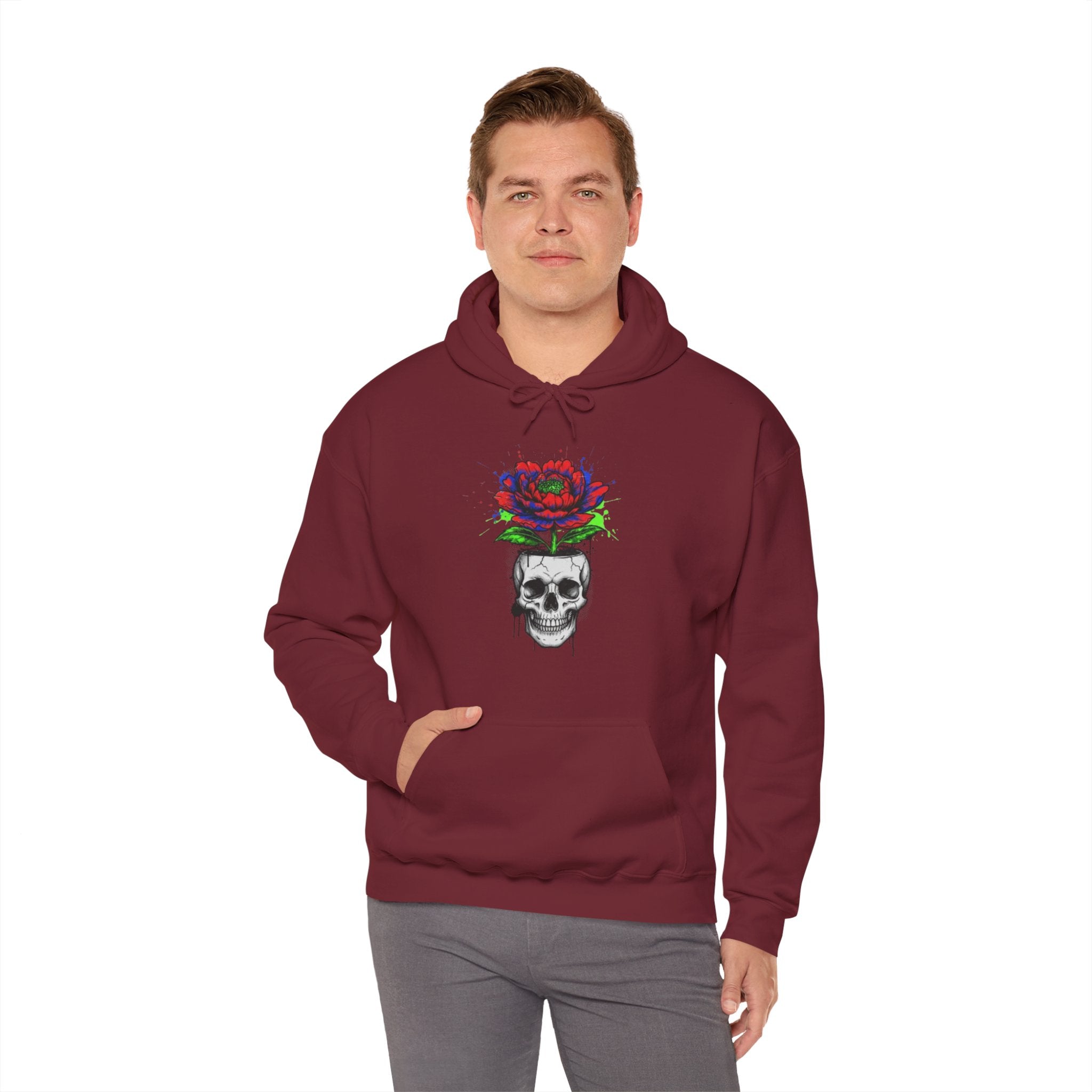 Skull with Bloom Hoodie — Gothic Rose Skull Graphic Pullover