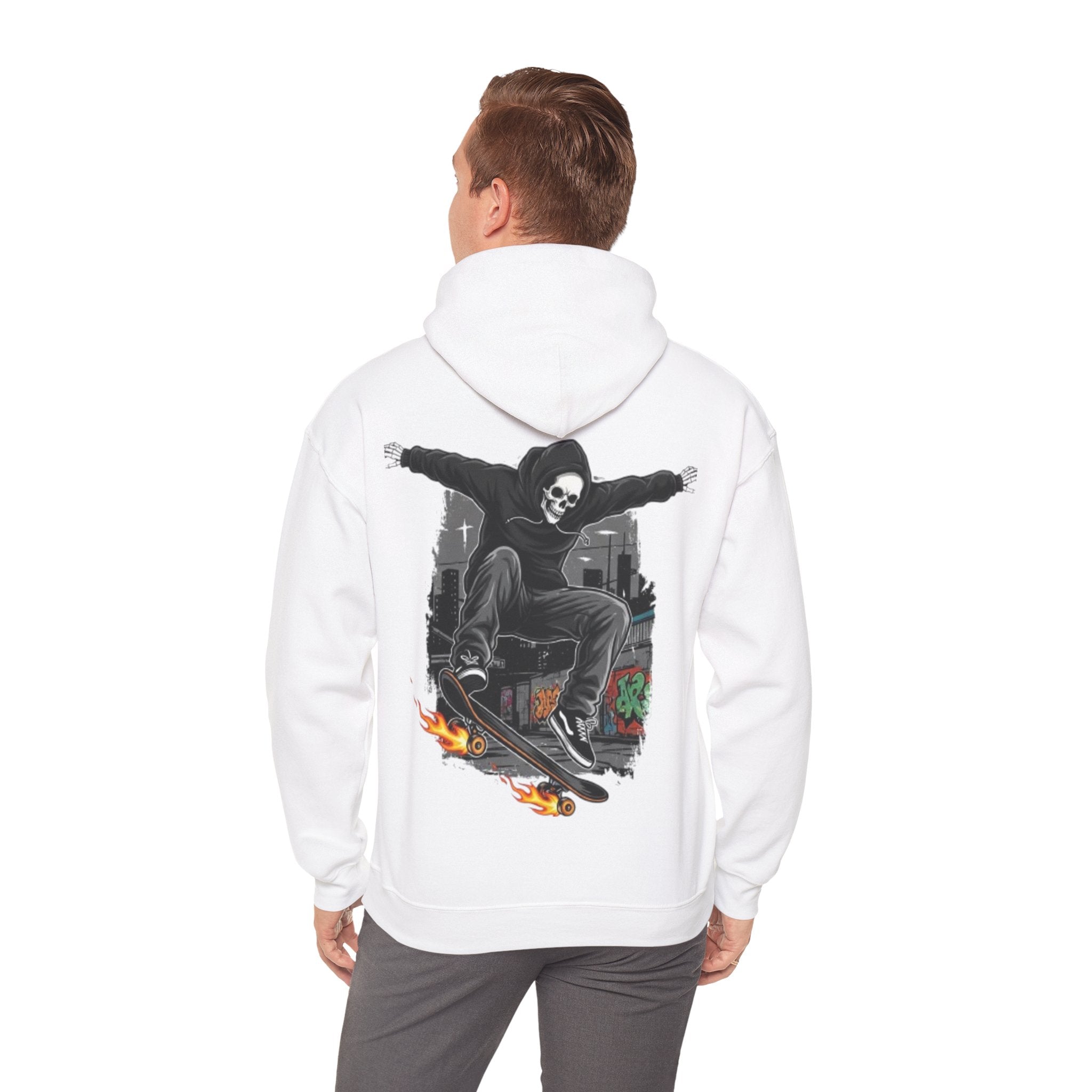 Skull Skater Hoodie — Flaming Skateboard Streetwear Pullover