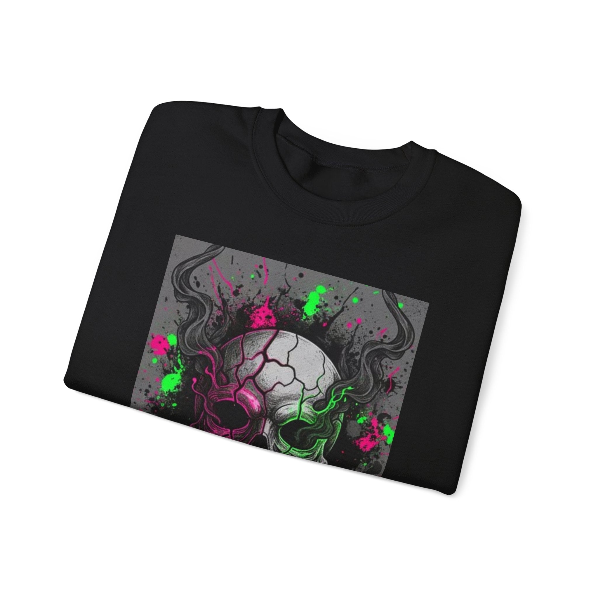 Skull Graffiti Crewneck Sweatshirt — Neon Paint Splatter Skull Graphic