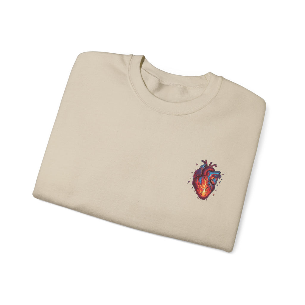Ember Heart Crewneck Sweatshirt — Small Flaming Anatomical Heart Graphic