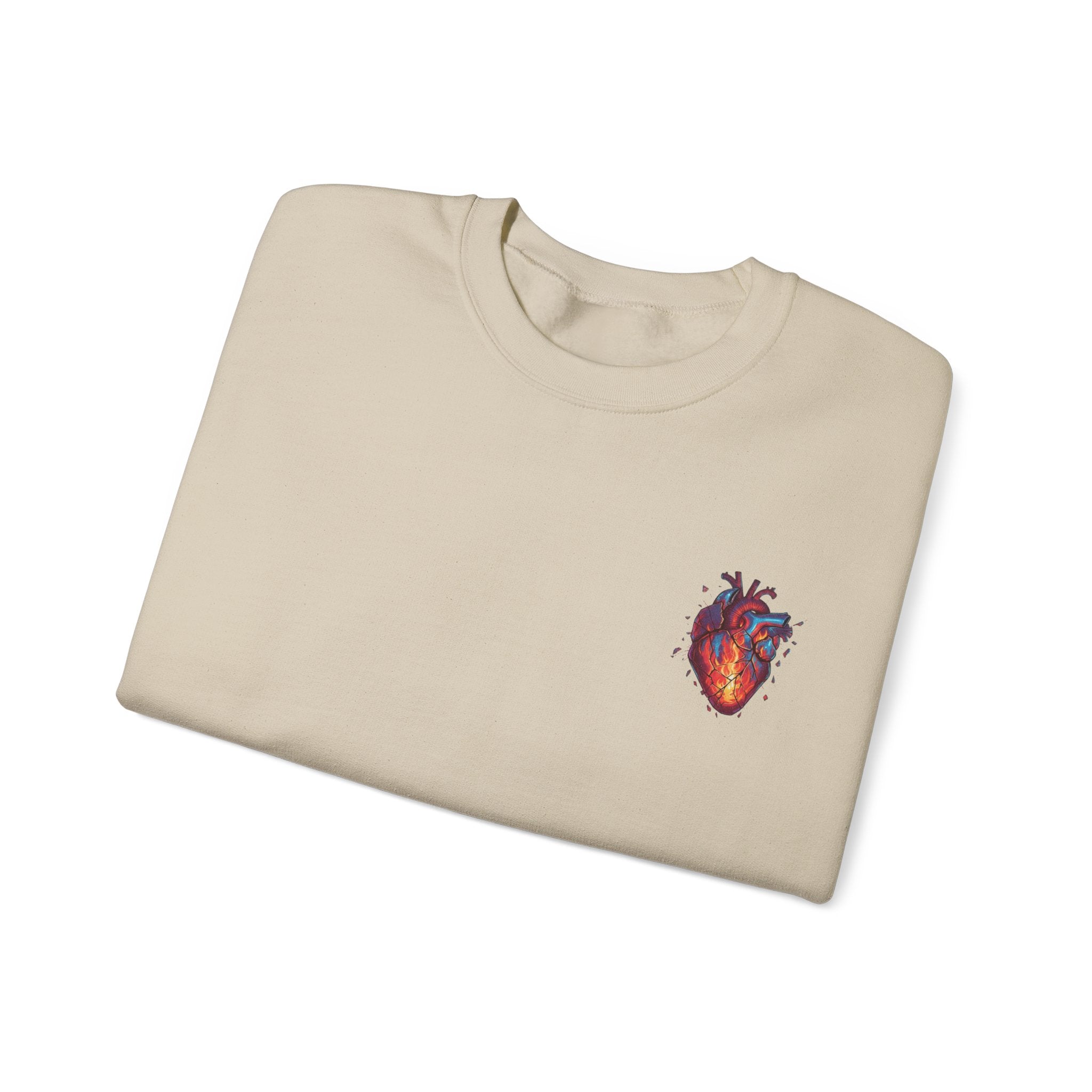 Ember Heart Crewneck Sweatshirt — Small Flaming Anatomical Heart Graphic