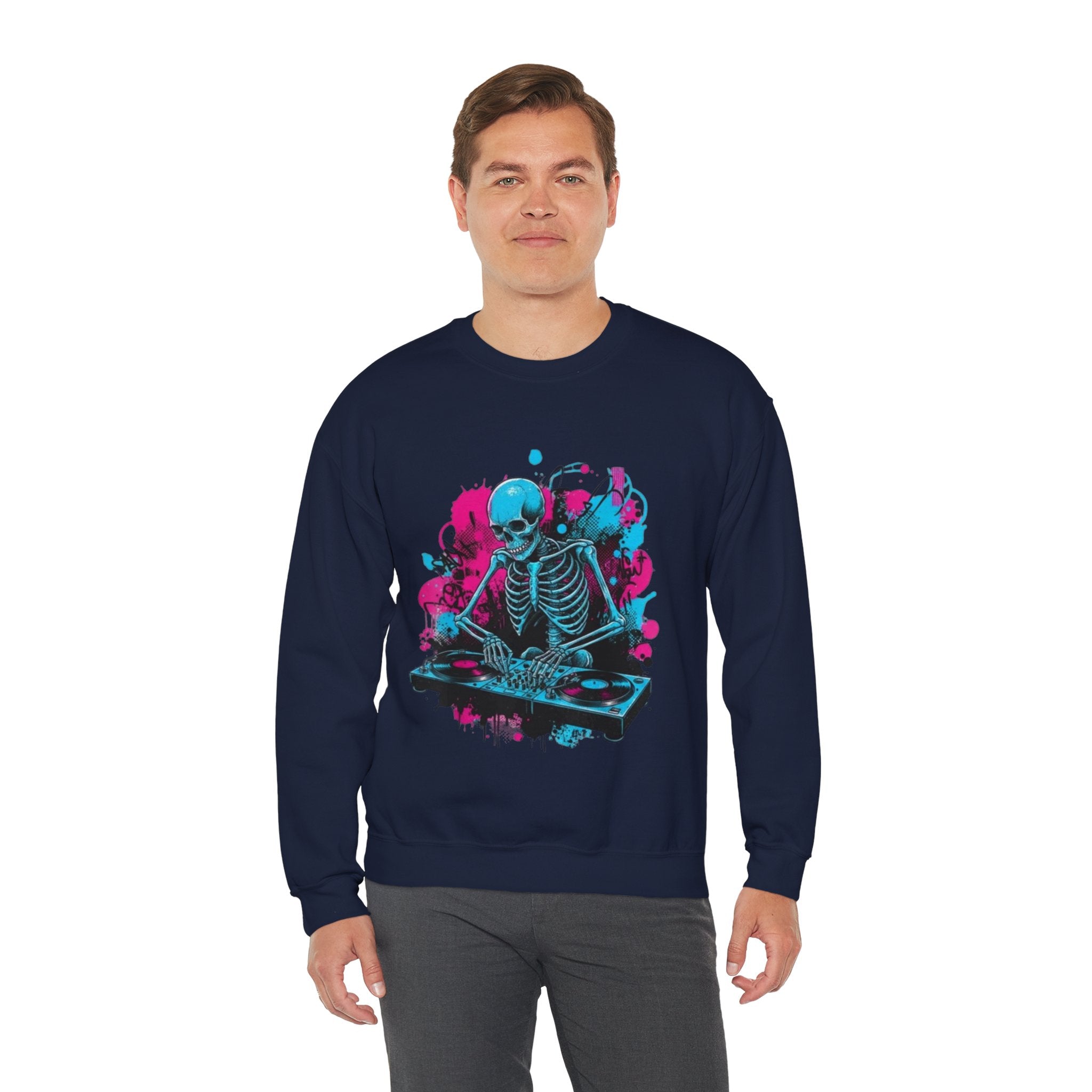DJ Skeleton Crewneck Sweatshirt – Neon Skull DJ Graphic Pullover