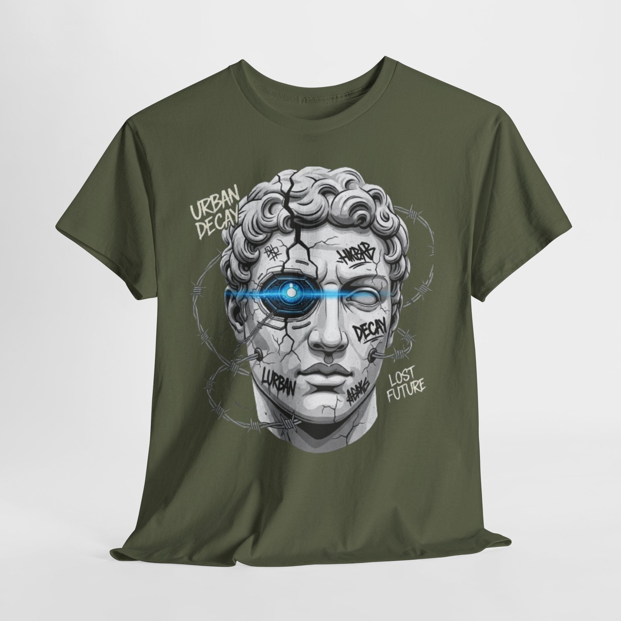 Statue Head Graphic Tee — 'Urban Decay' Cyberpunk Bust T-Shirt