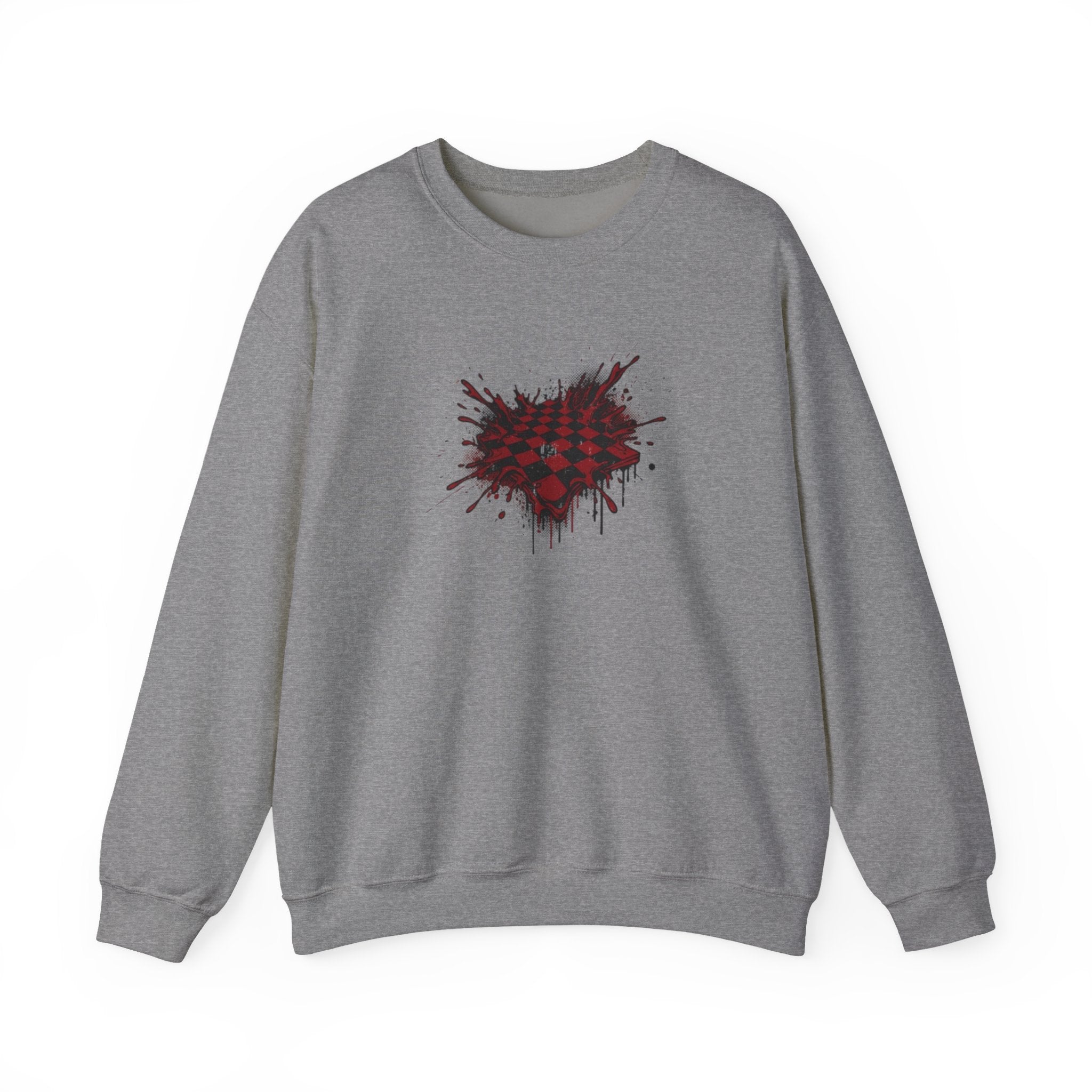 Checkerboard Heart Crewneck Sweatshirt — Red Grunge Heart Graphic