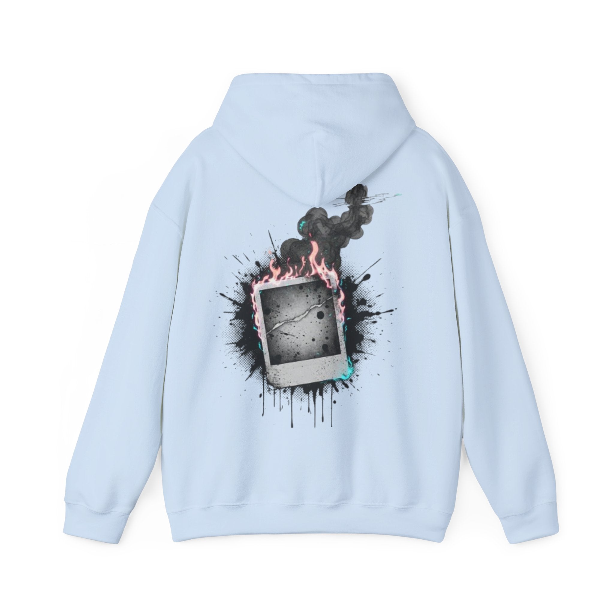 Burning Polaroid Hoodie — Retro Photo Flame Graphic Hooded Sweatshirt