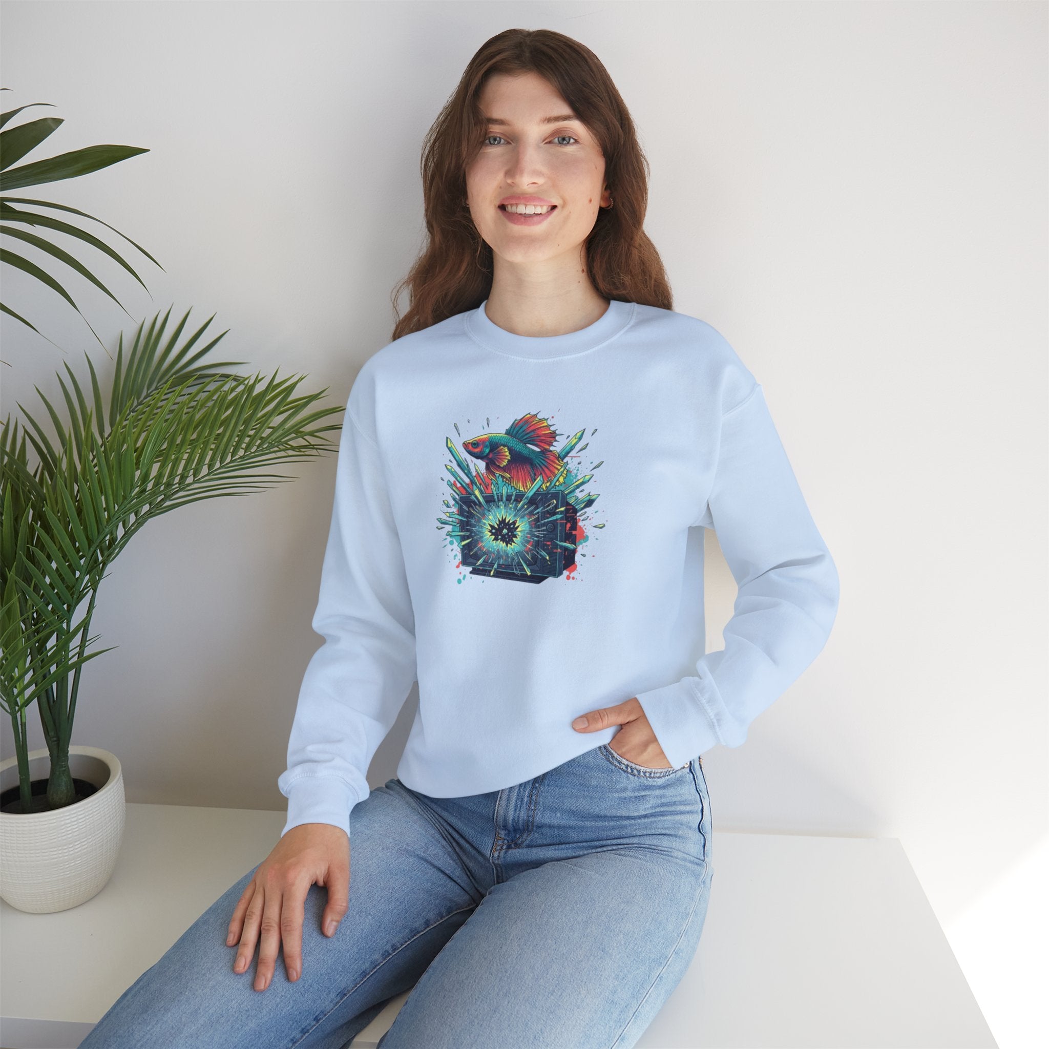 Cosmic Hummingbird Crewneck Sweatshirt — Neon Floral Burst Graphic