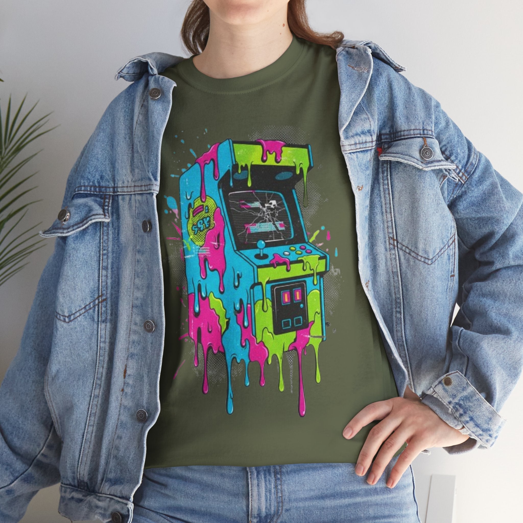 Arcade Machine Drip T-Shirt — Neon Retro Gaming Graphic Tee