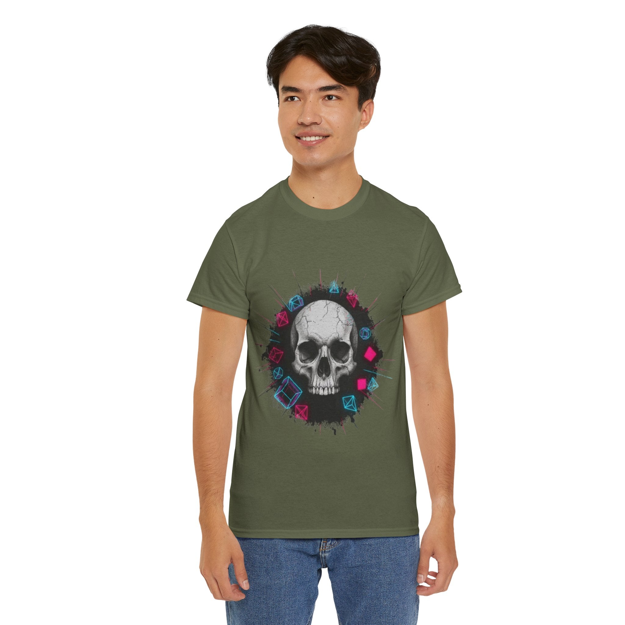 Skull Splash Graphic Tee — Neon Roses & Dice Skull T-Shirt