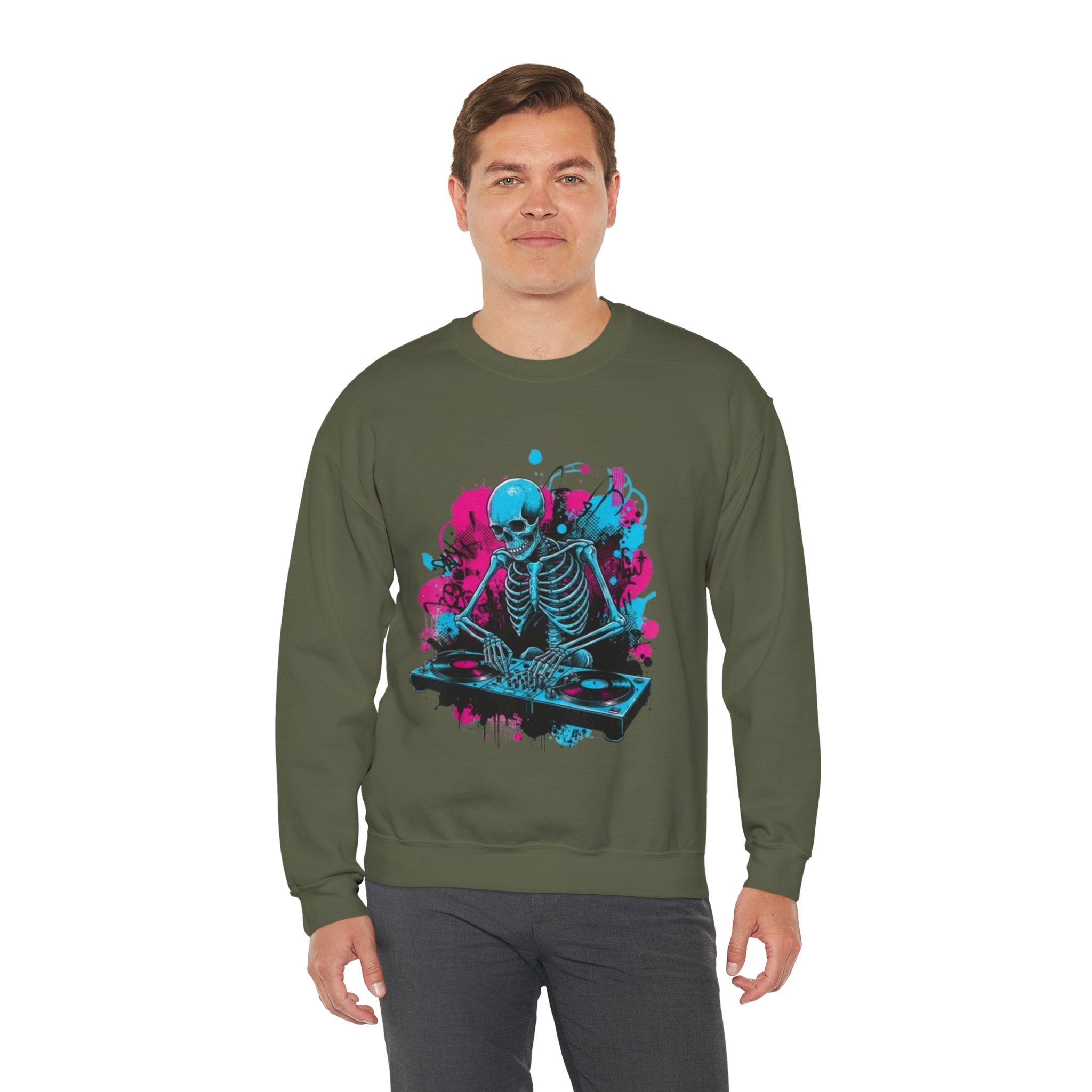 DJ Skeleton Crewneck Sweatshirt – Neon Skull DJ Graphic Pullover