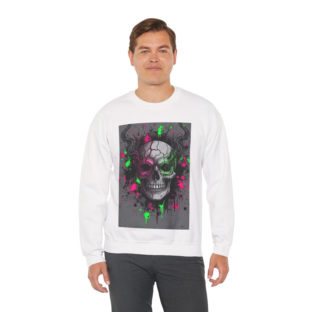 Skull Graffiti Crewneck Sweatshirt — Neon Paint Splatter Skull Graphic