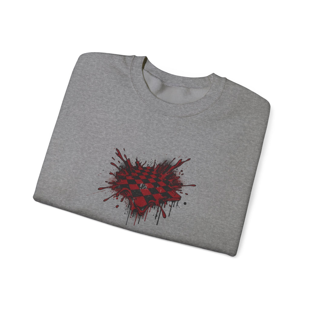 Checkerboard Heart Crewneck Sweatshirt — Red Grunge Heart Graphic