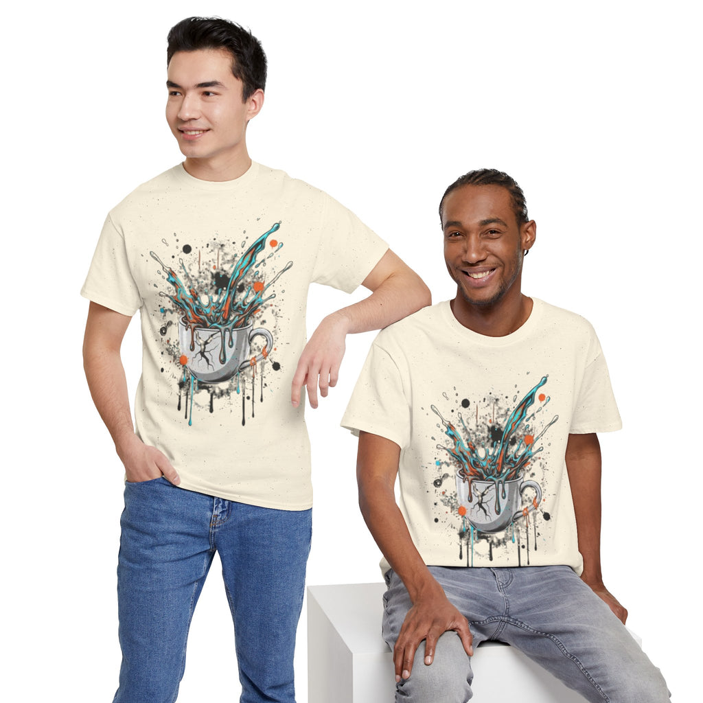 Artistic Splash Coffee Mug Tee — Paint Splatter Coffee Cup Graphic T-Shirt