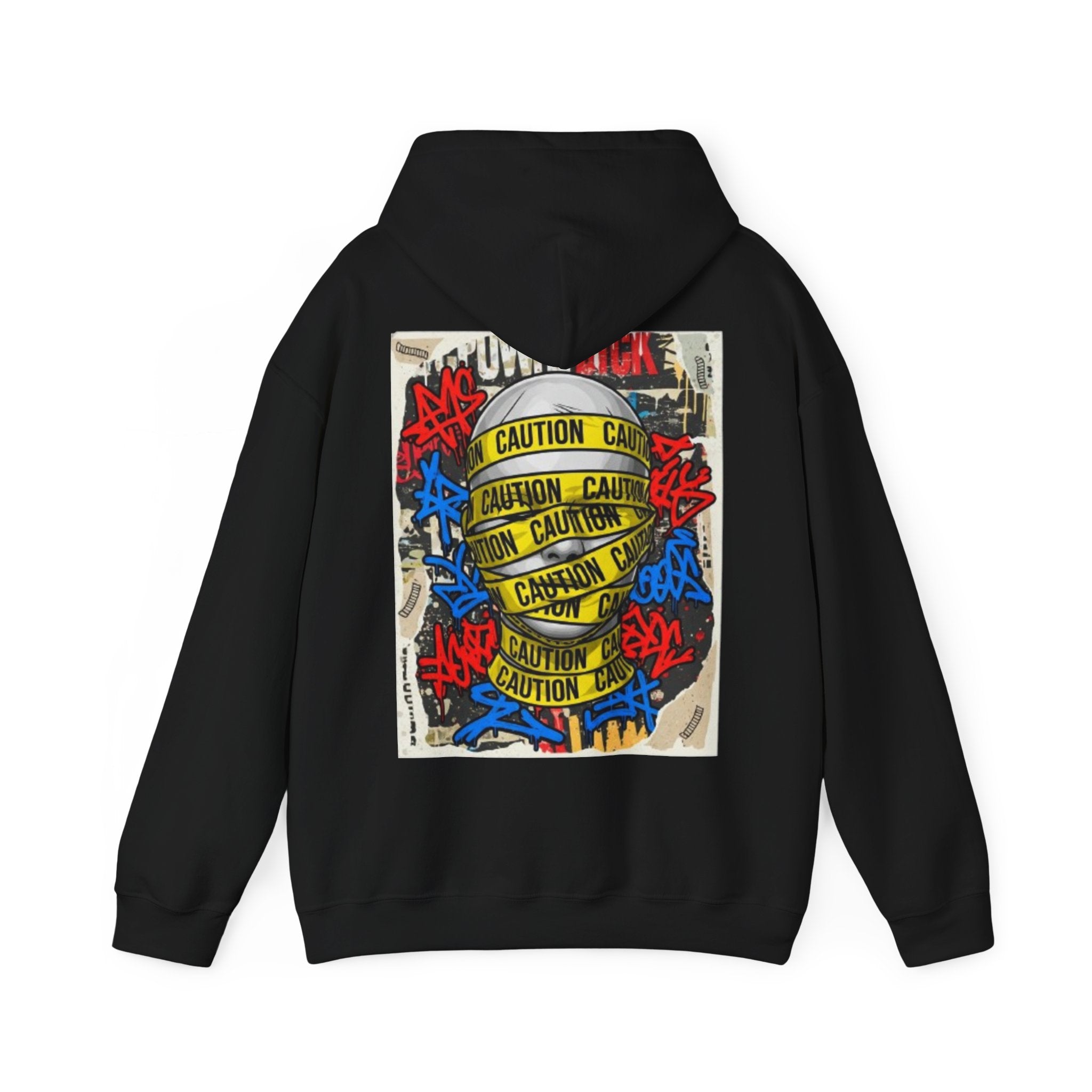 Caution Tape Skull Hoodie — Streetwear Graffiti Pullover