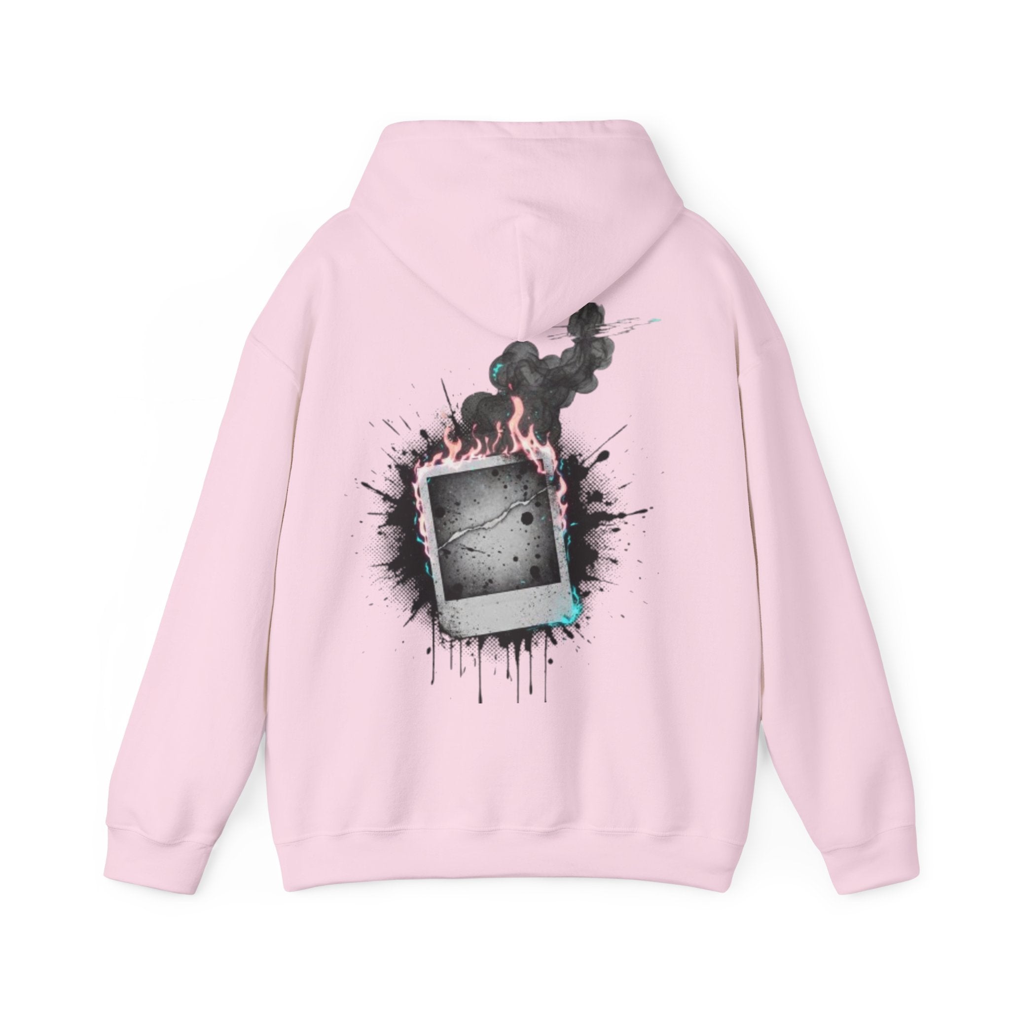 Burning Polaroid Hoodie — Retro Photo Flame Graphic Hooded Sweatshirt