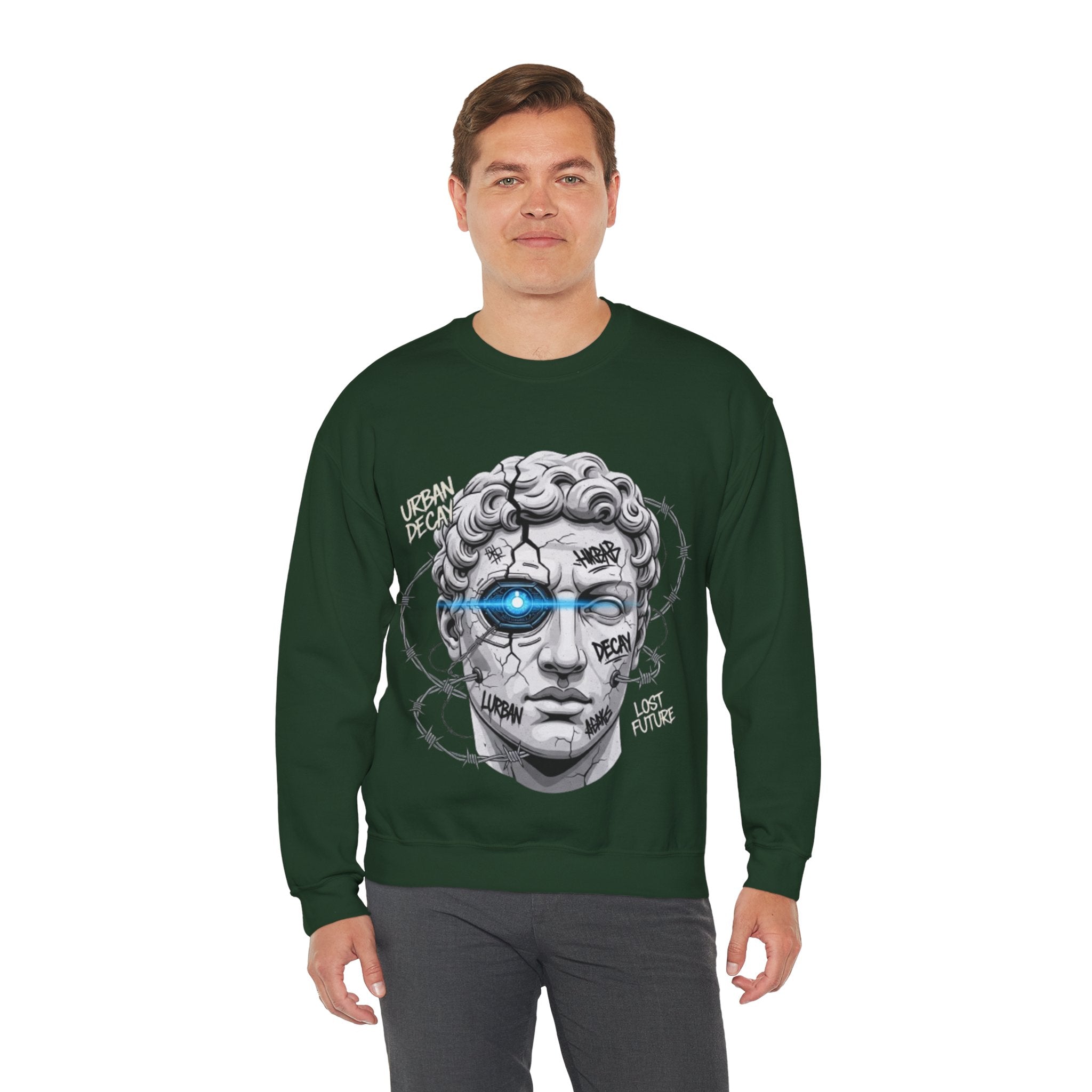 Cyber Statue Crewneck Sweatshirt — 'Urban Decay' Graffiti Bust with Blue Cyber Eye