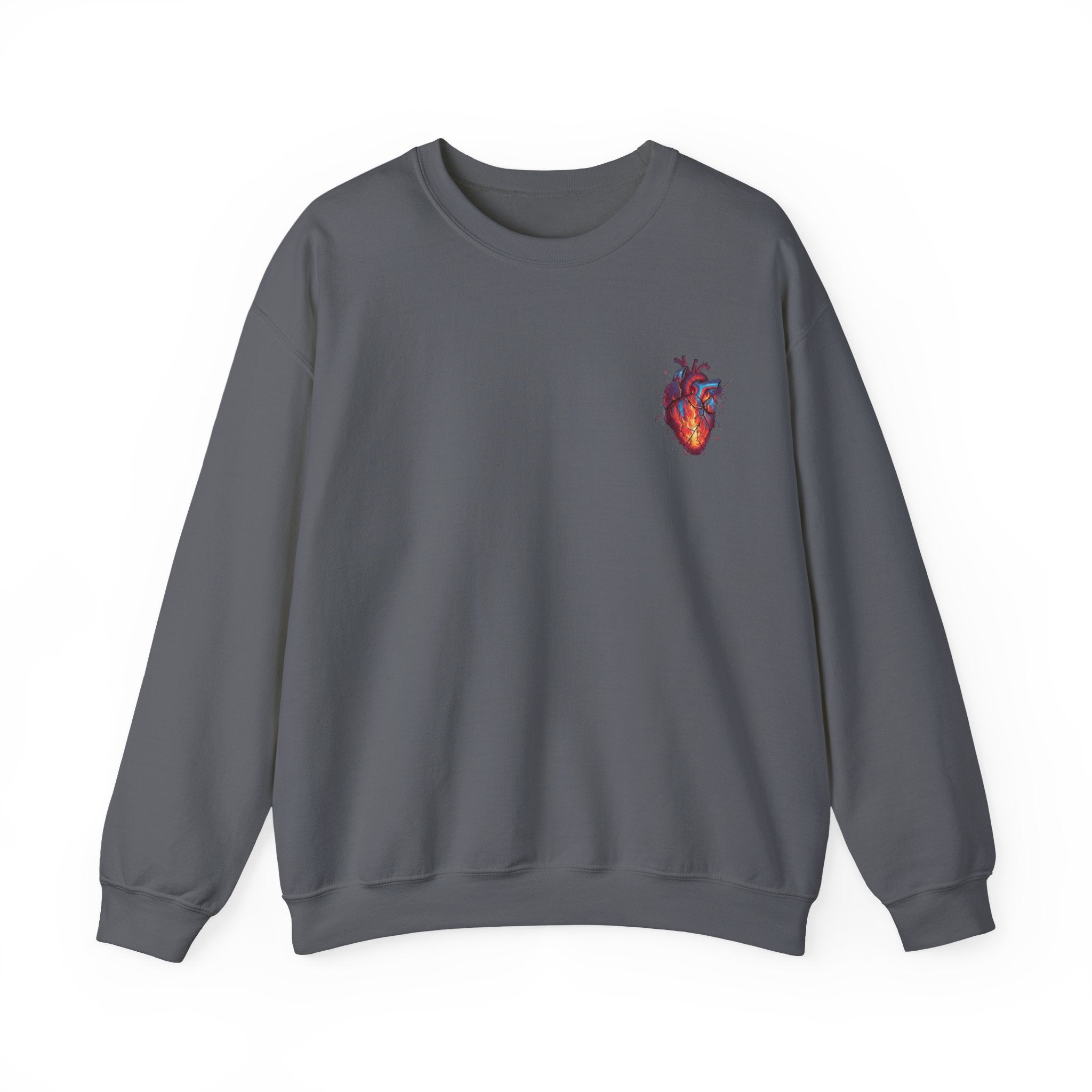 Ember Heart Crewneck Sweatshirt — Small Flaming Anatomical Heart Graphic