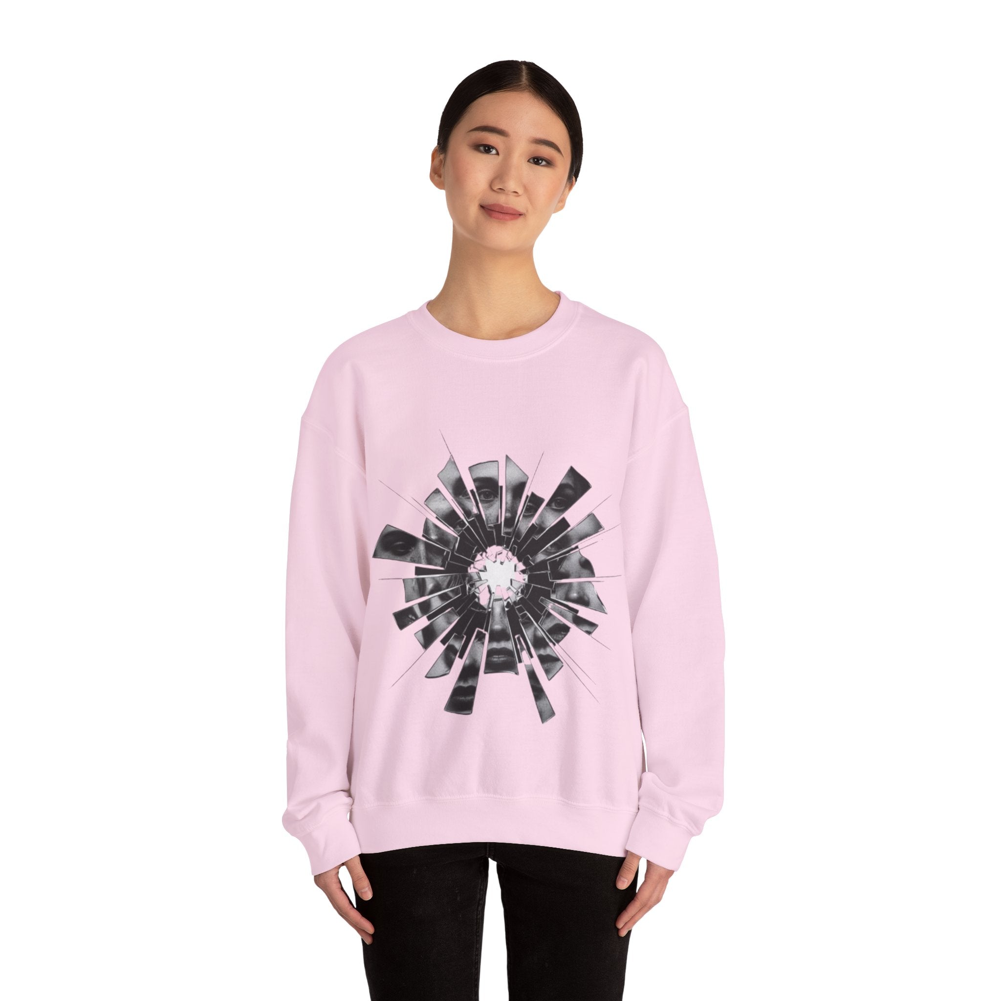 Broken Glass Flower Crewneck Sweatshirt — Monochrome Shattered Floral Graphic