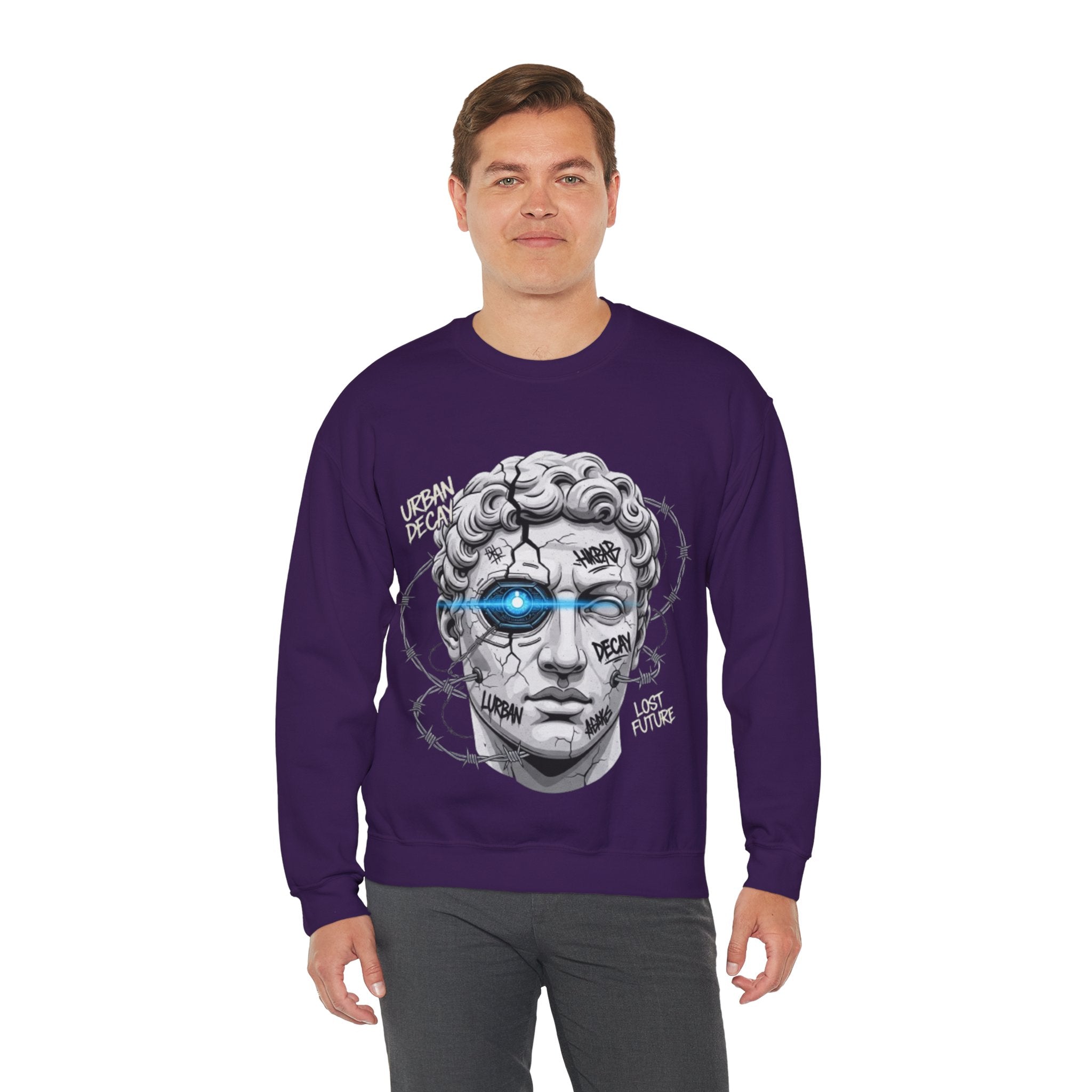Cyber Statue Crewneck Sweatshirt — 'Urban Decay' Graffiti Bust with Blue Cyber Eye