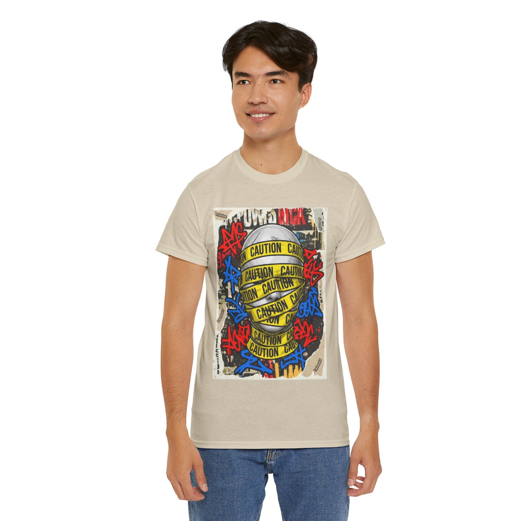 Caution Tape Street Art Tee — Urban Graffiti Graphic T-Shirt