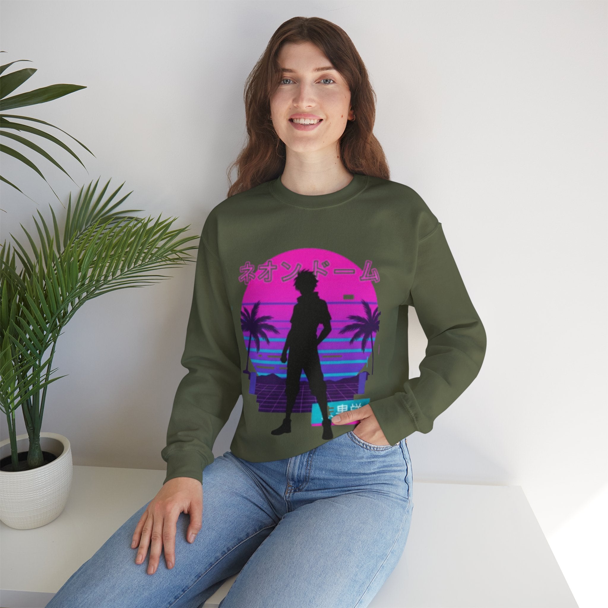 Vaporwave Neon Dome Crewneck Sweatshirt — Japanese Sunset Silhouette