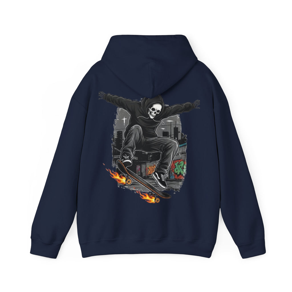 Skull Skater Hoodie — Flaming Skateboard Streetwear Pullover