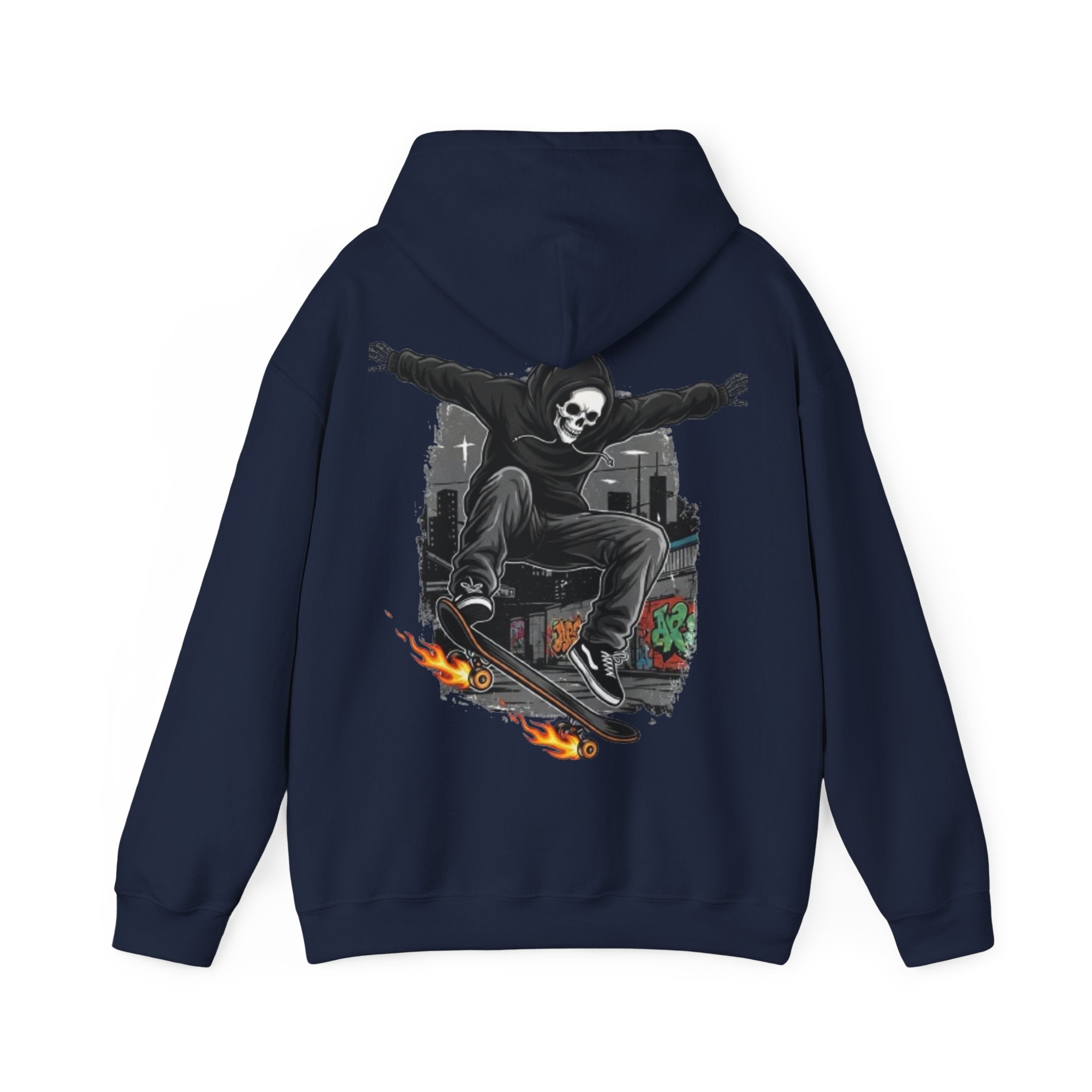 Skull Skater Hoodie — Flaming Skateboard Streetwear Pullover